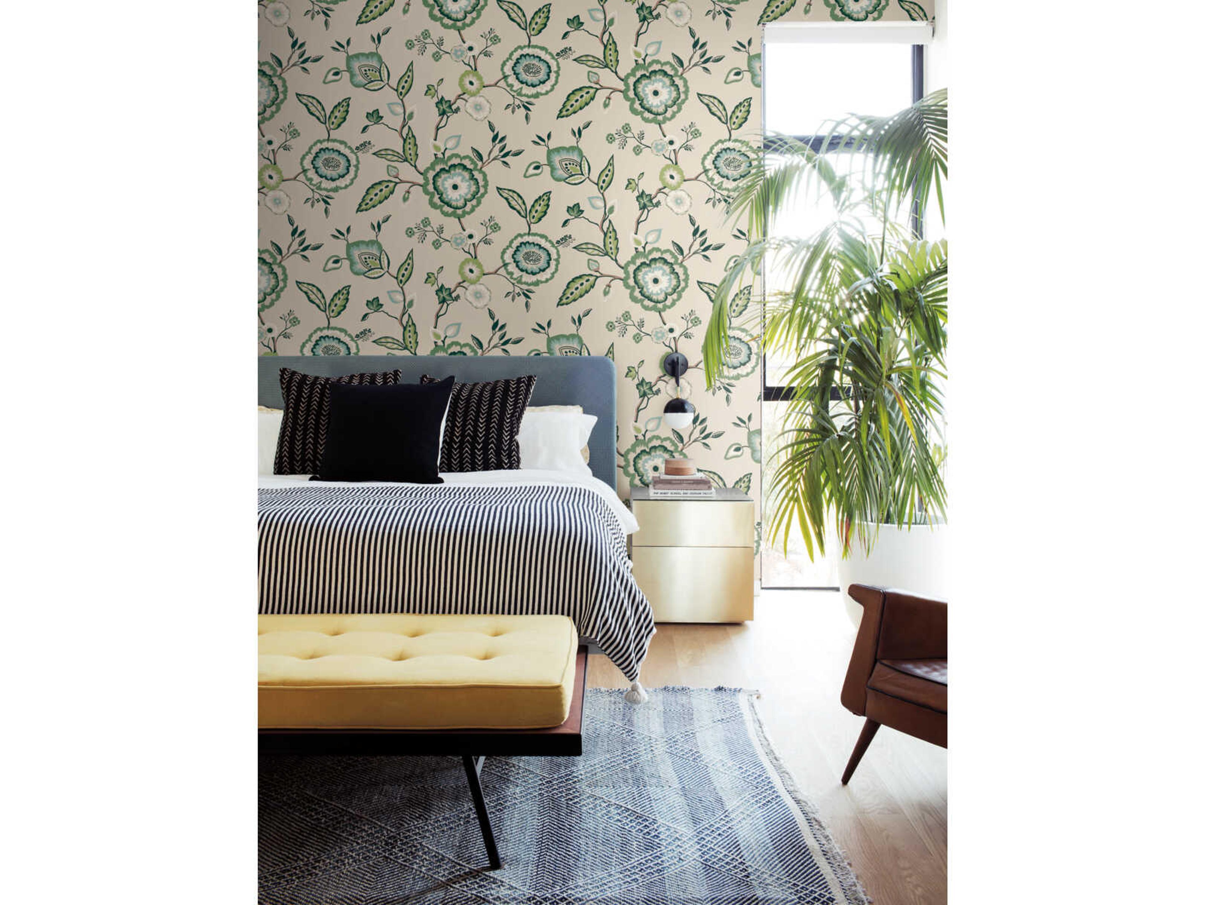 York Wallcoverings Greenhouse Green Beige Dahlia Blooms Wallpaper