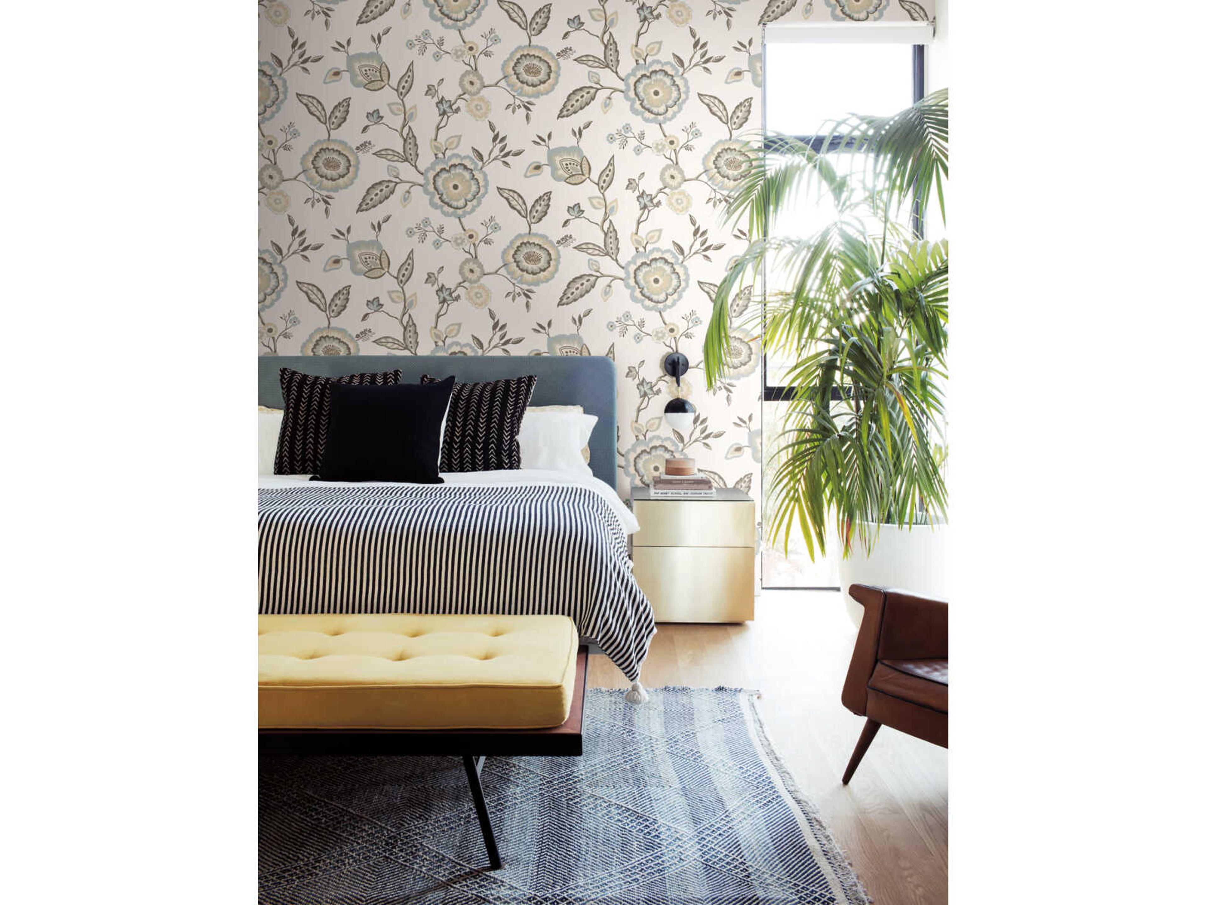 York Wallcoverings Greenhouse Off White Blue Dahlia Blooms Wallpaper