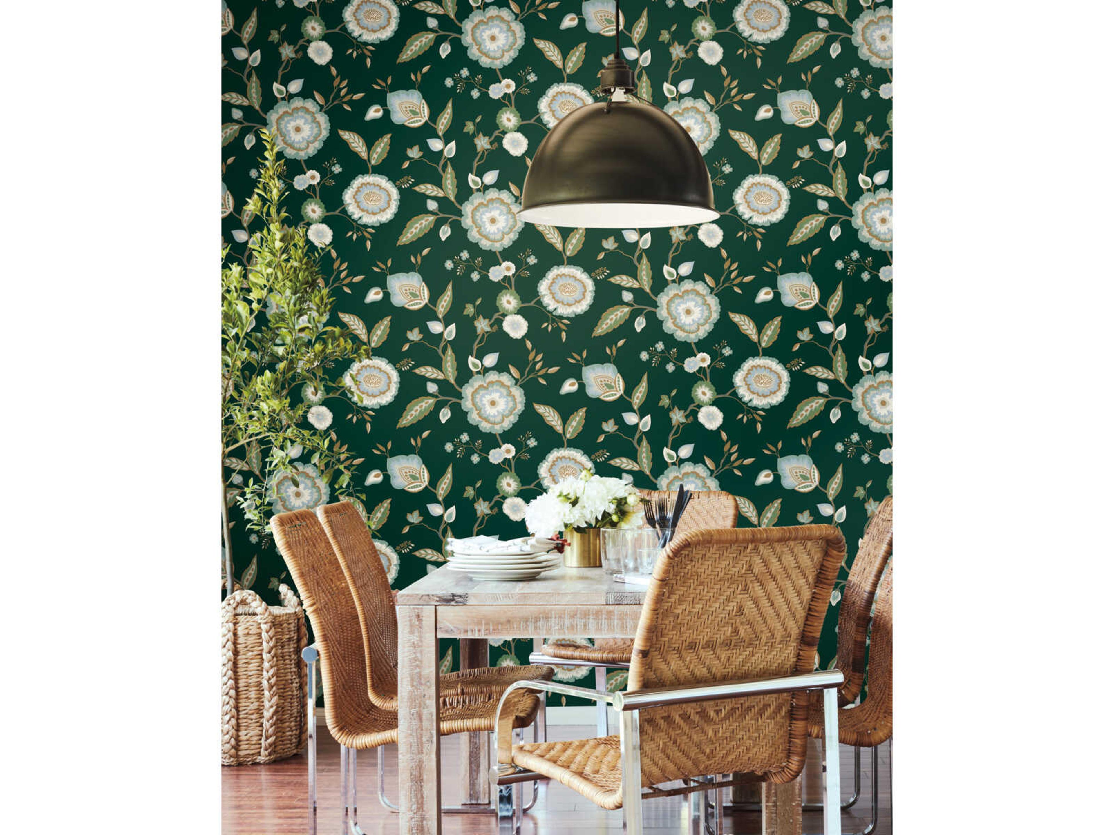 Greenhouse Green Blue Metallic Dahlia Blooms Wallpaper