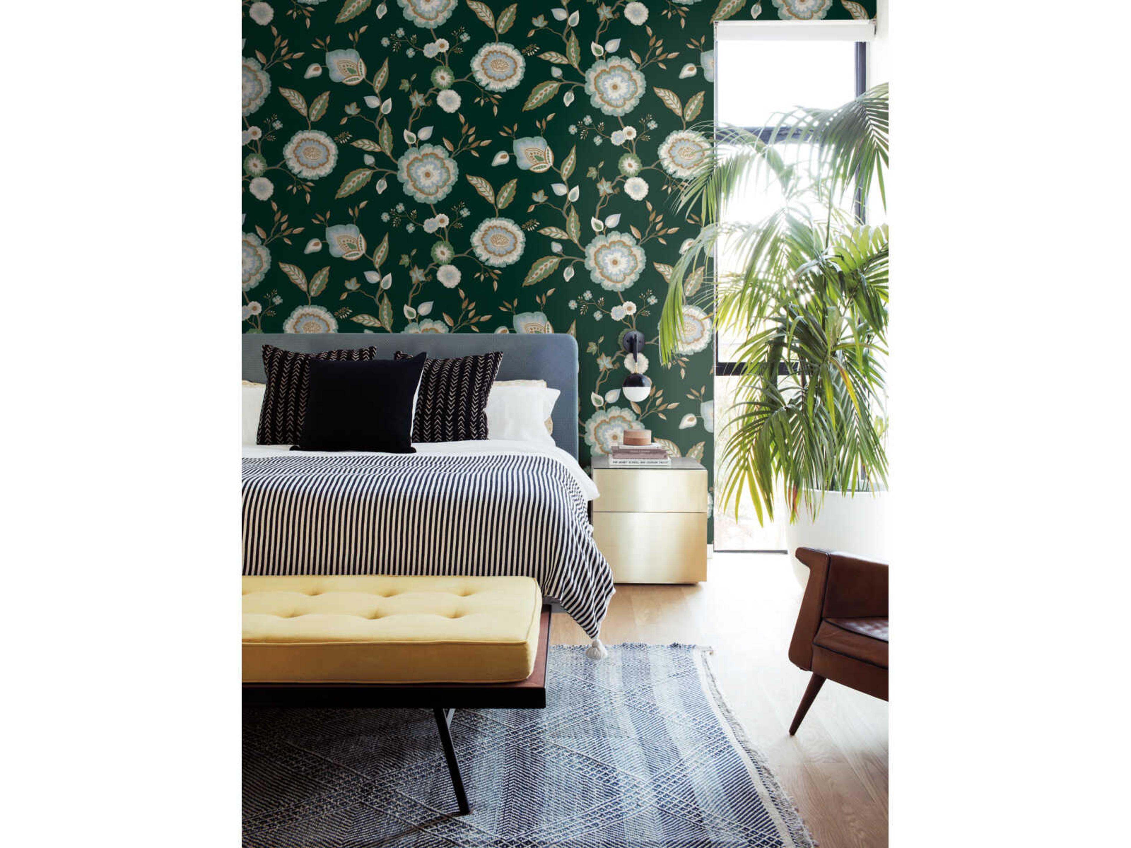 York Wallcoverings Greenhouse Green Blue Metallic Dahlia Blooms Wallpaper