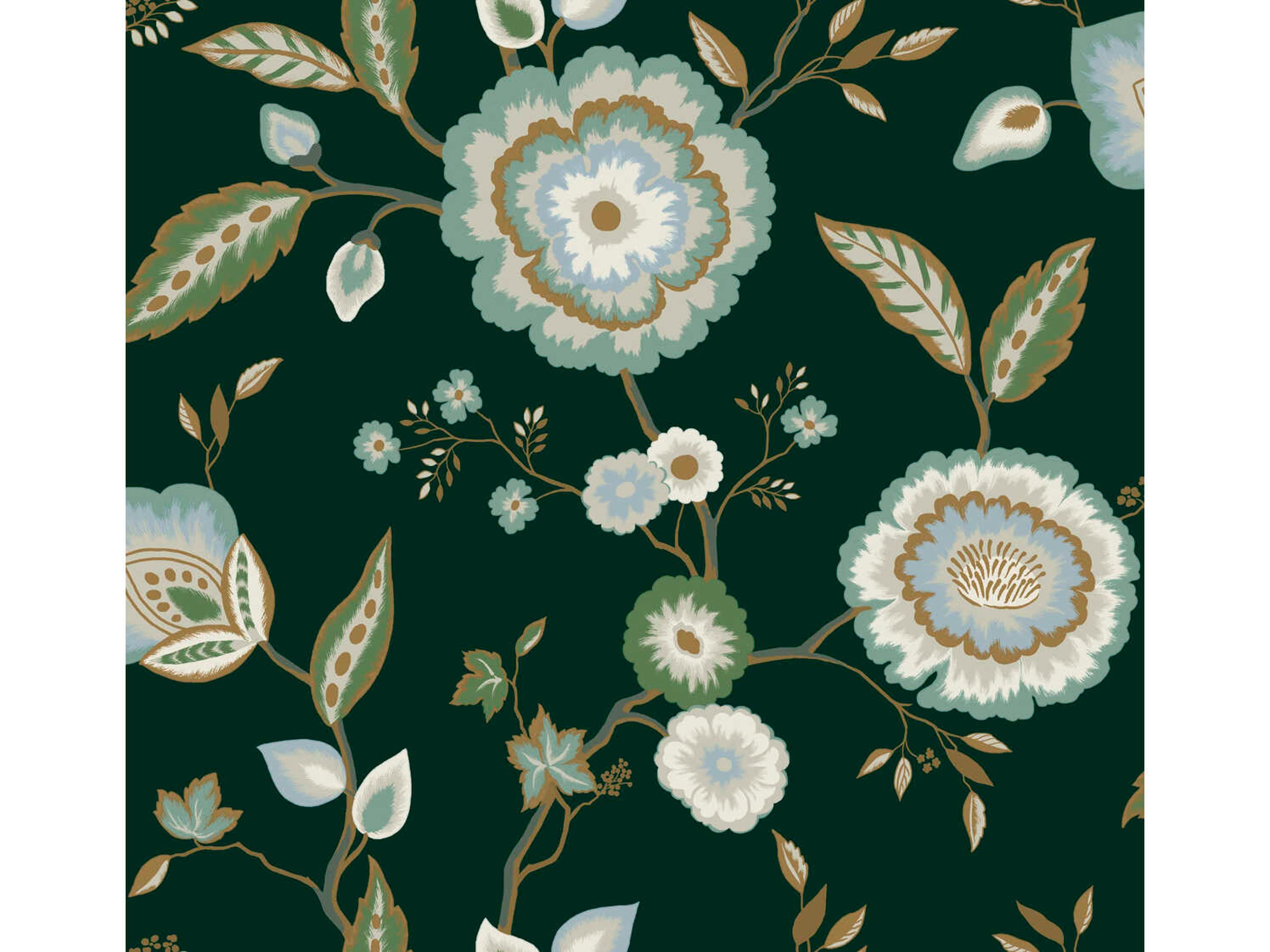 York Wallcoverings Greenhouse Green Blue Metallic Dahlia Blooms Wallpaper