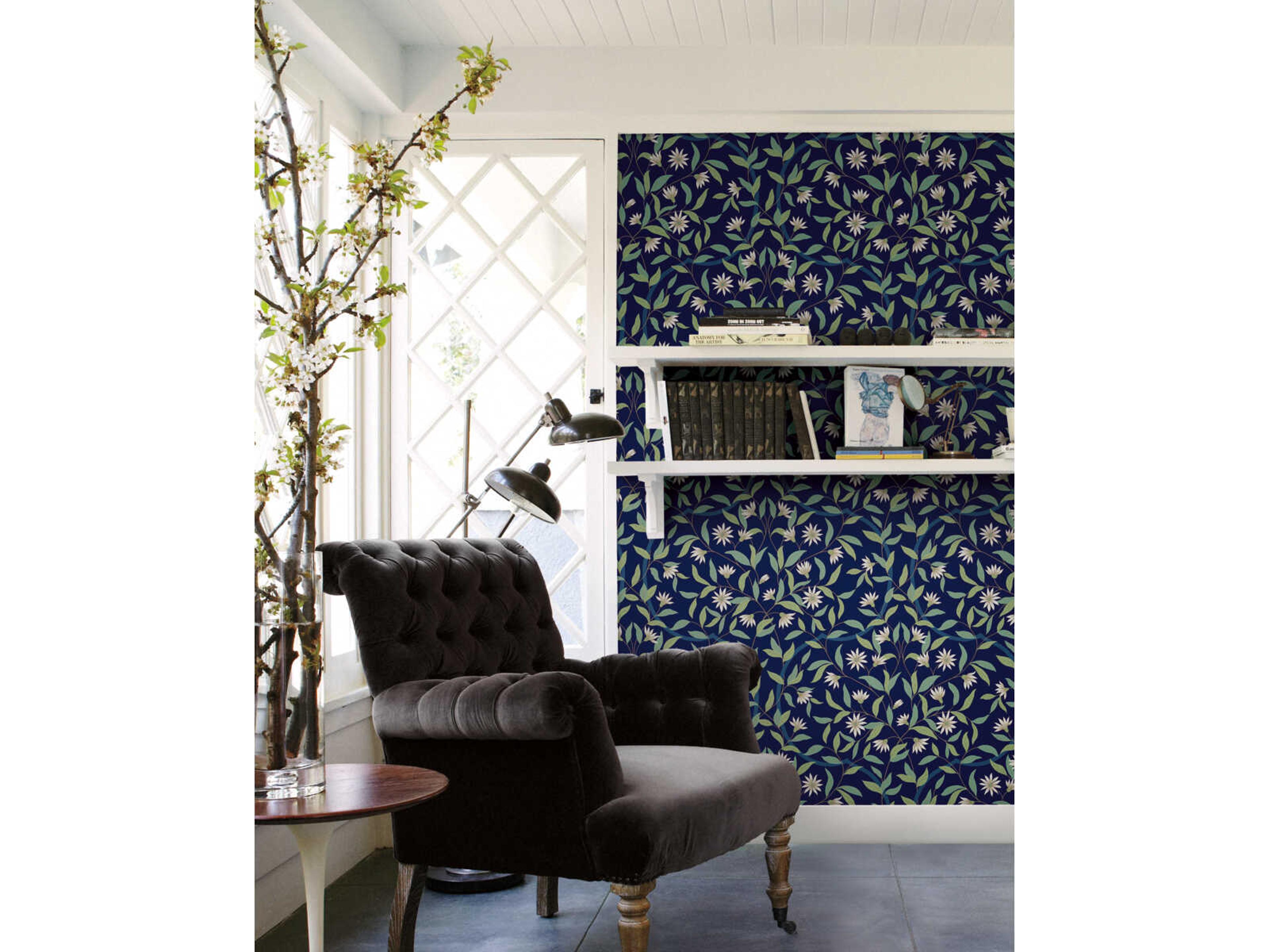 Greenhouse Blue Metallic Jasmine Wallpaper