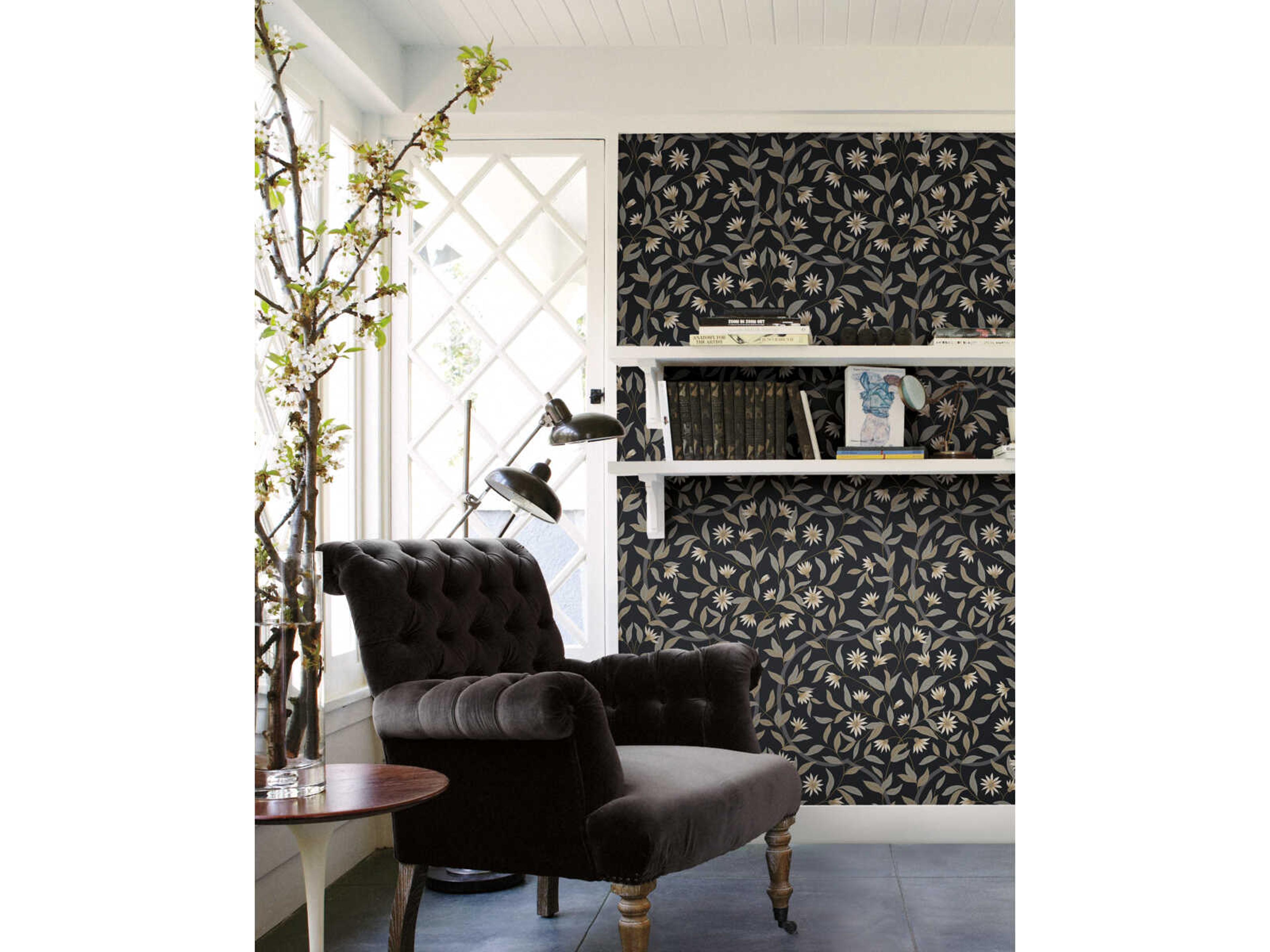 Greenhouse Black Metallic Jasmine Wallpaper