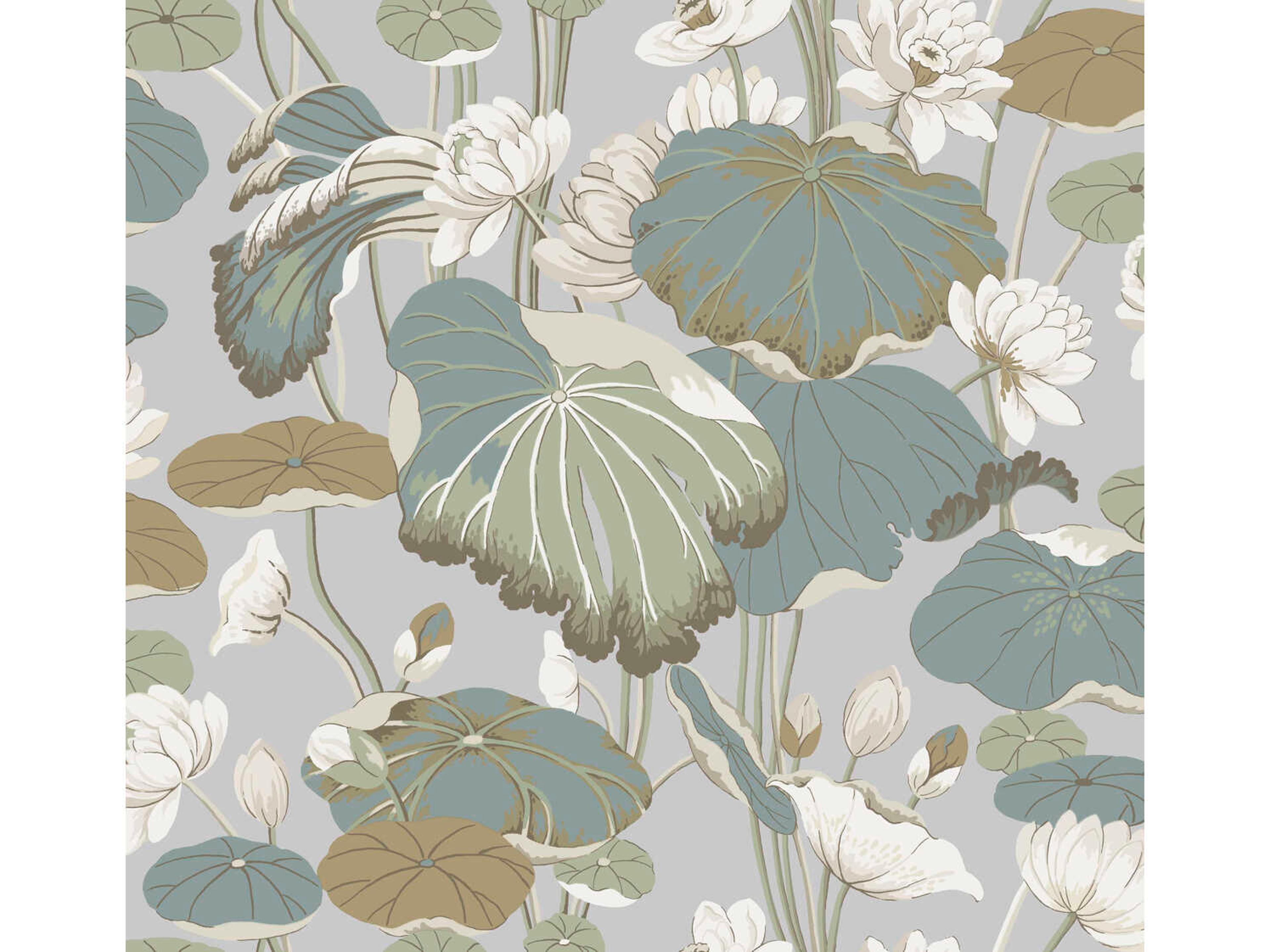 York Wallcoverings Greenhouse Grey Blue Lotus Pond Wallpaper