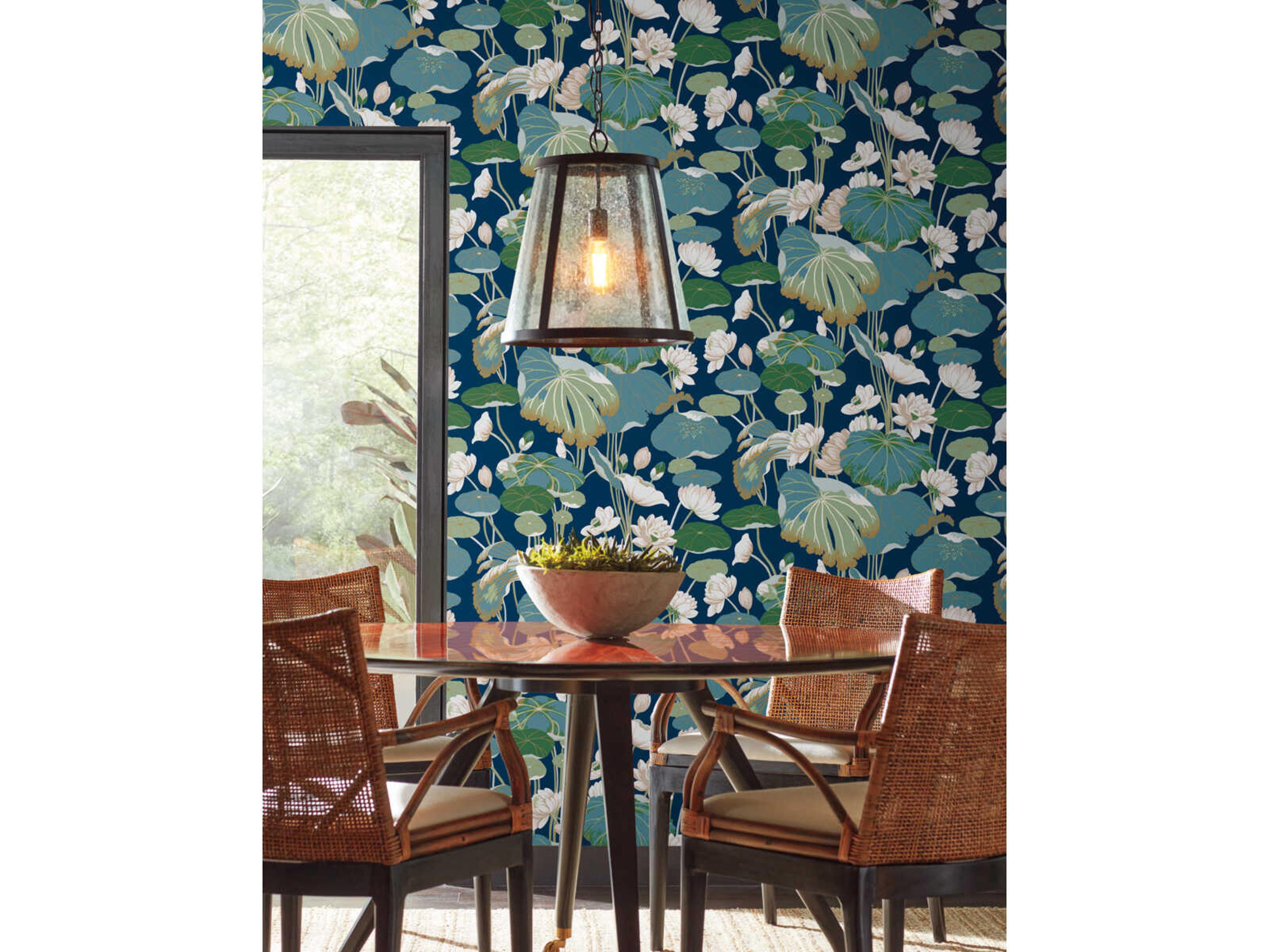 York Wallcoverings Greenhouse Navy Metallic Lotus Pond Wallpaper