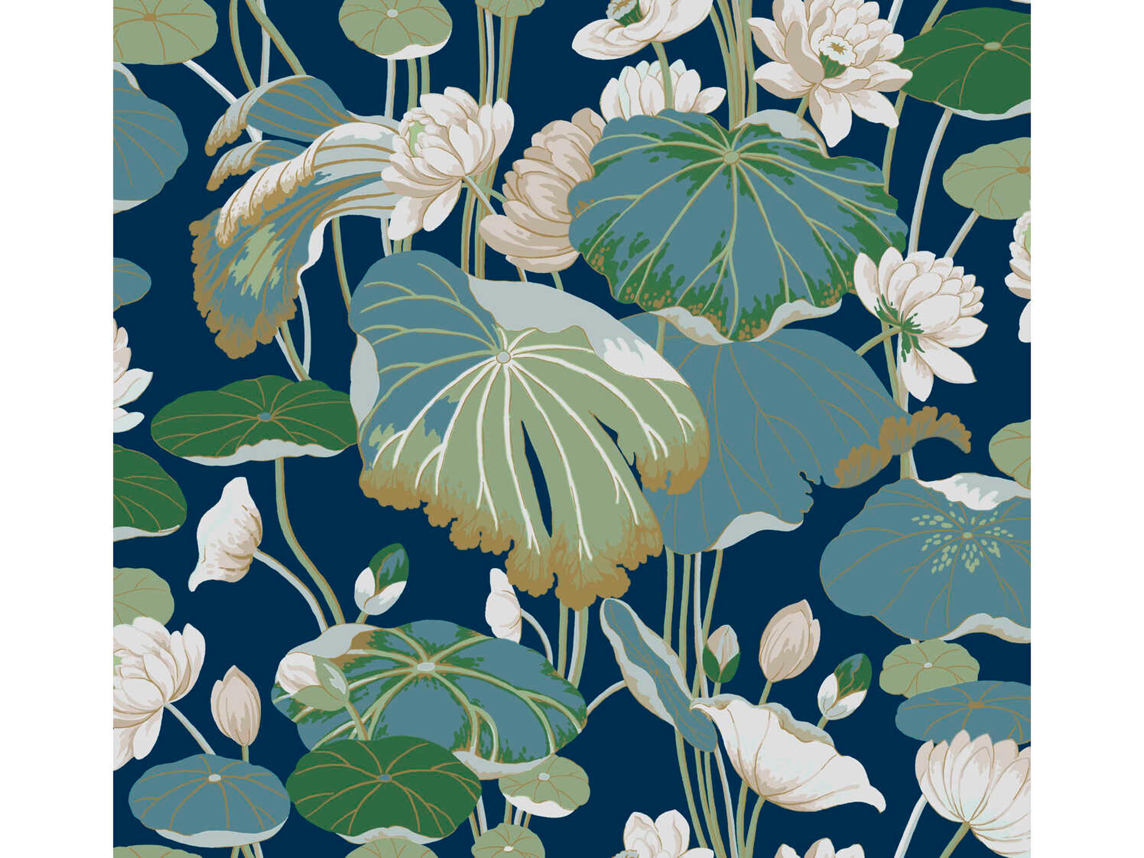 York Wallcoverings Greenhouse Navy Metallic Lotus Pond Wallpaper