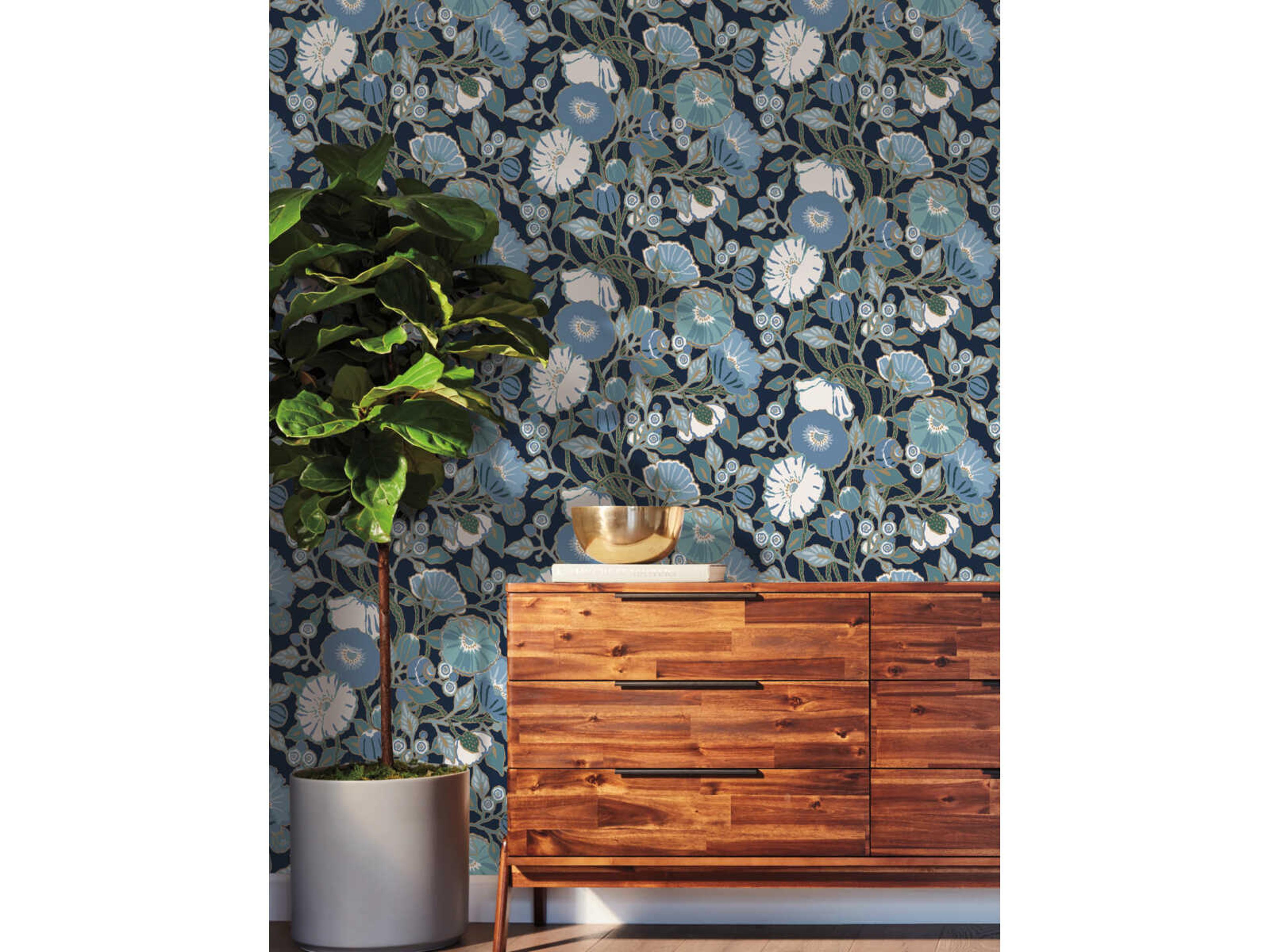 York Wallcoverings Greenhouse Black Blue Metallic Poppies Wallpaper