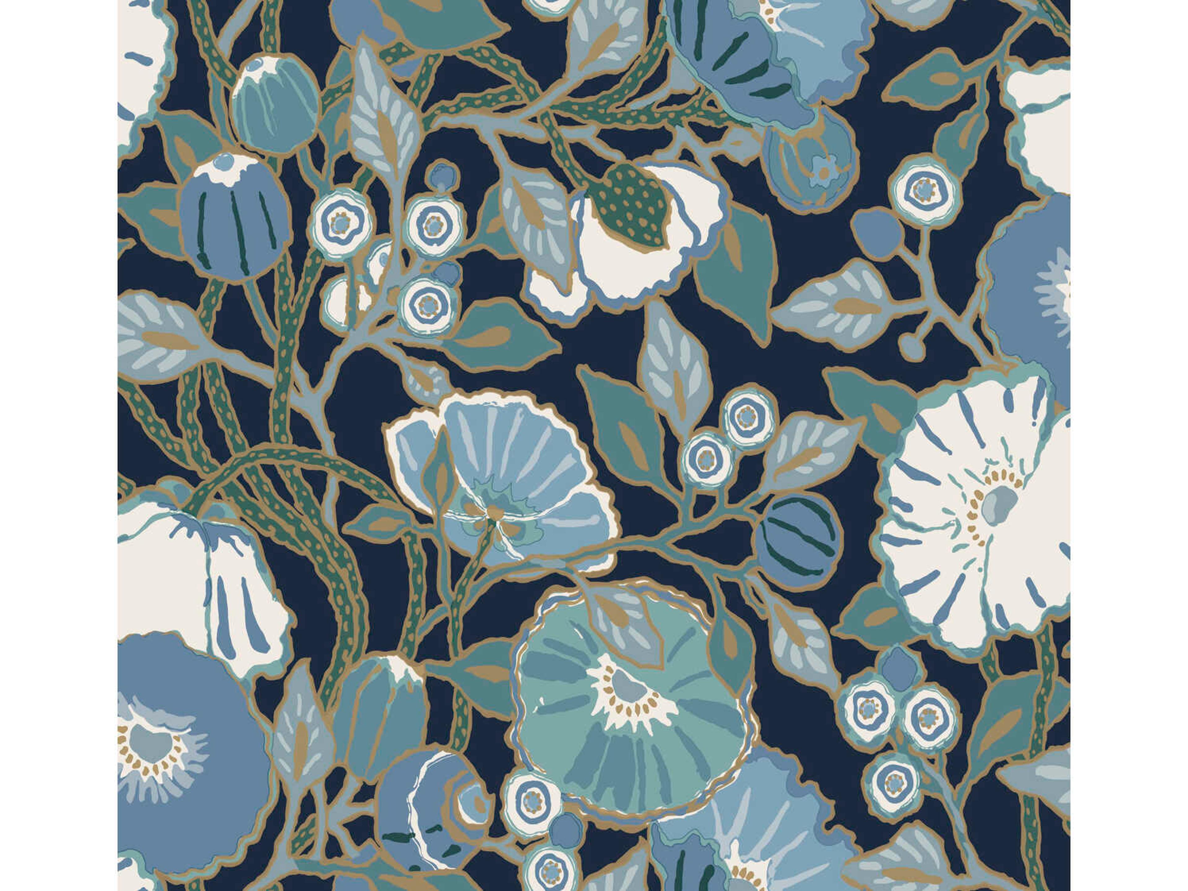 York Wallcoverings Greenhouse Black Blue Metallic Poppies Wallpaper
