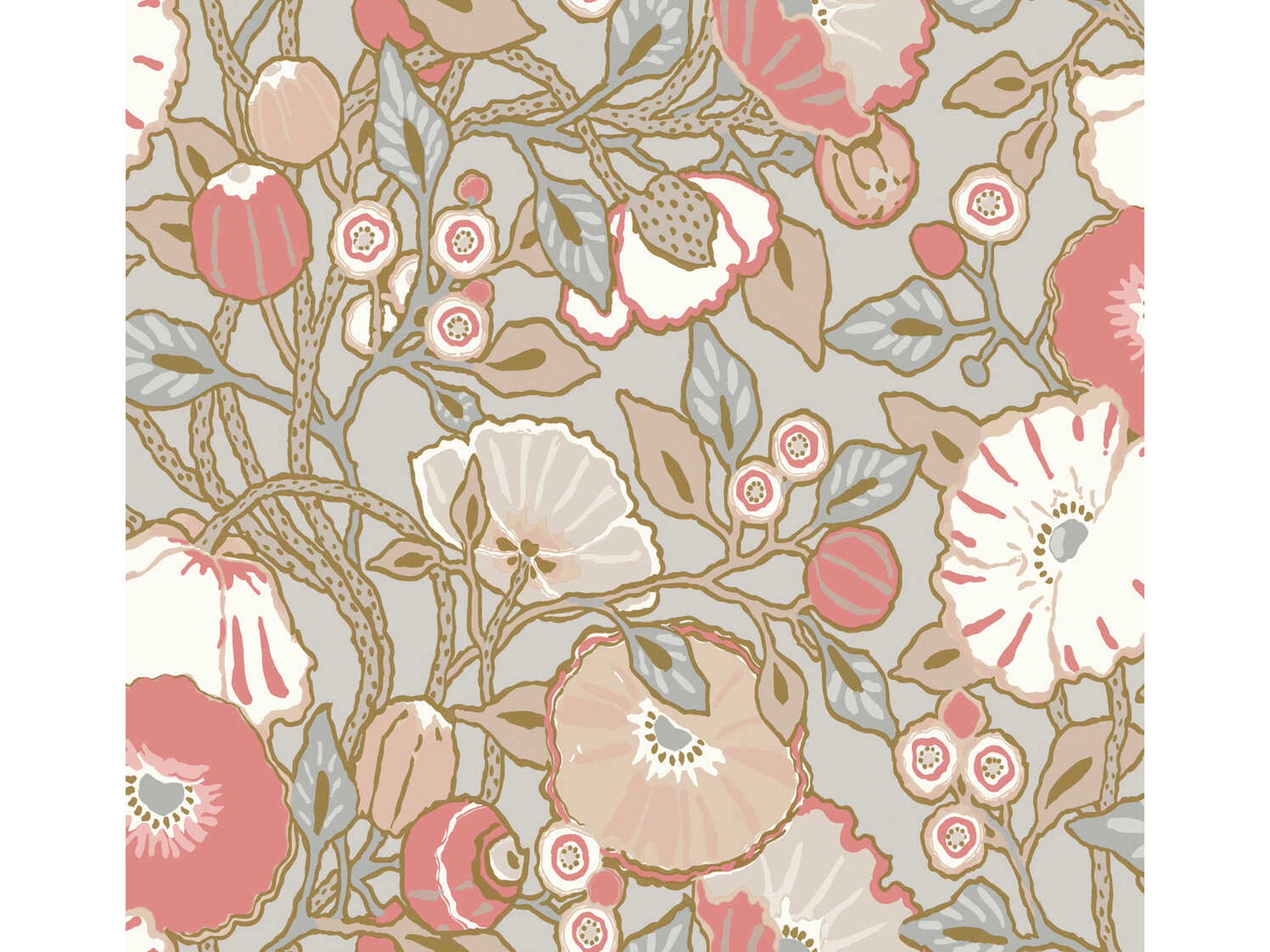 York Wallcoverings Greenhouse Grey Pink Metallic Poppies Wallpaper