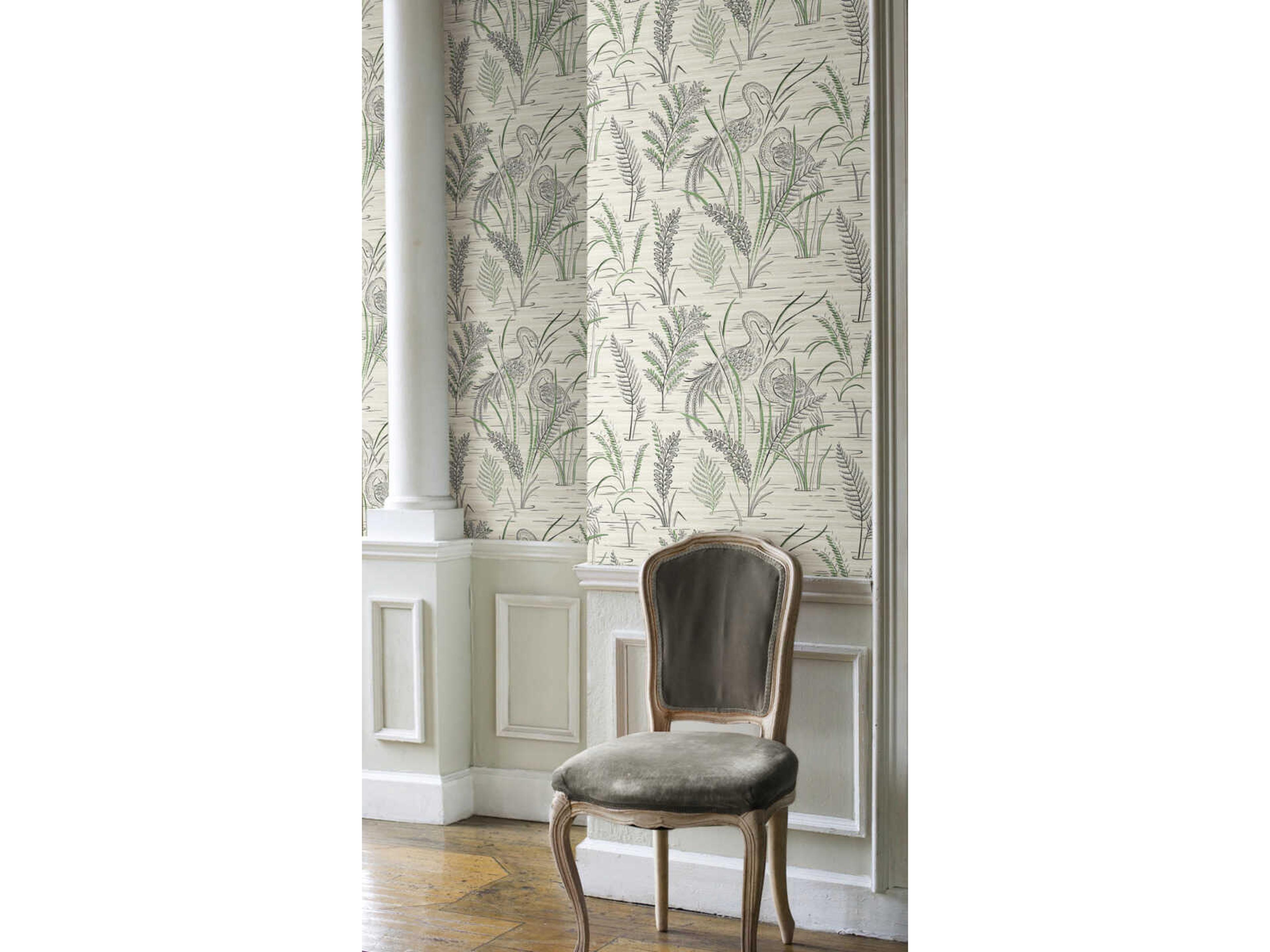 Grandmillennial Black Green Fernwater Cranes Wallpaper