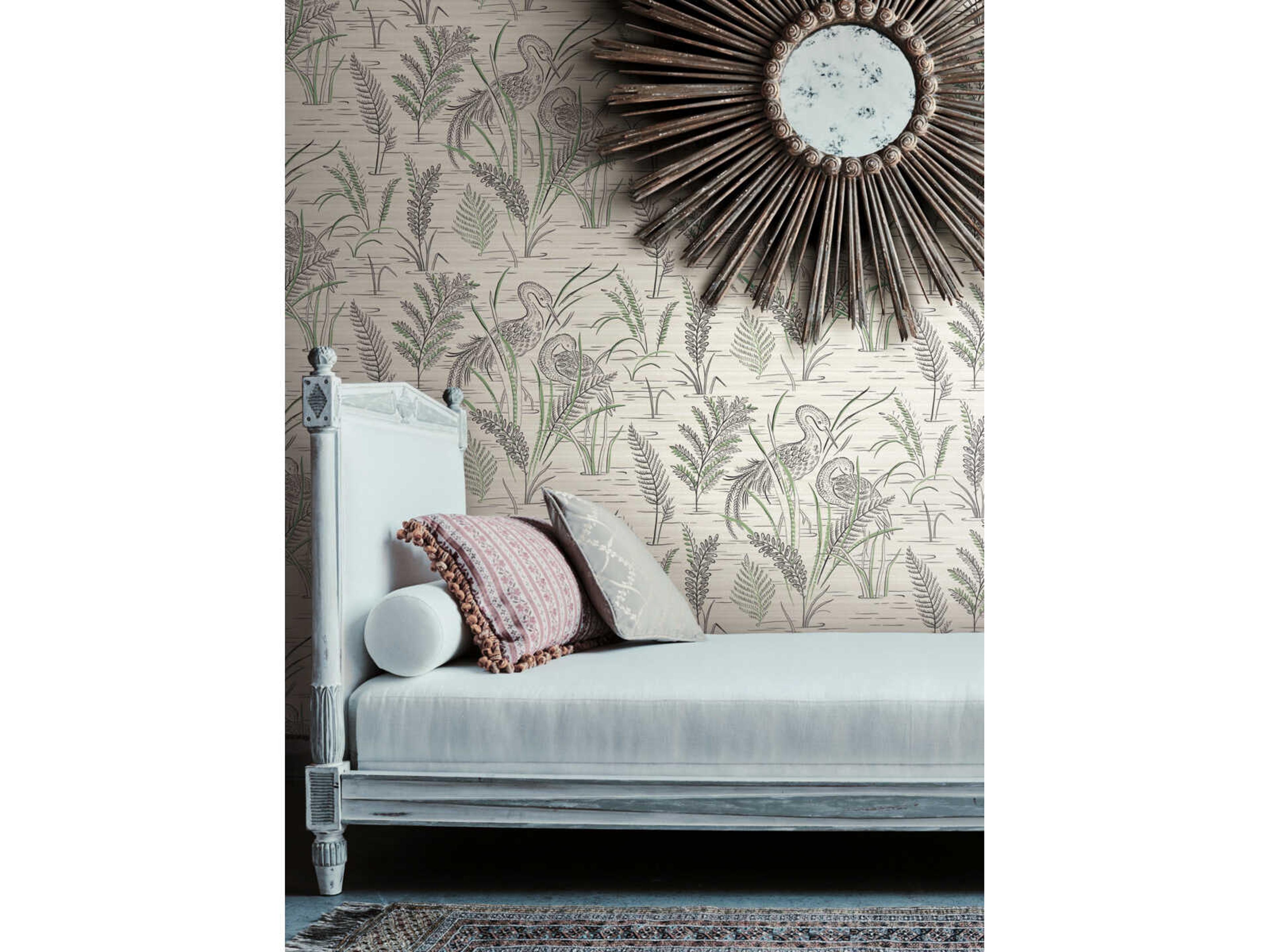 York Wallcoverings Grandmillennial Black Green Fernwater Cranes Wallpaper