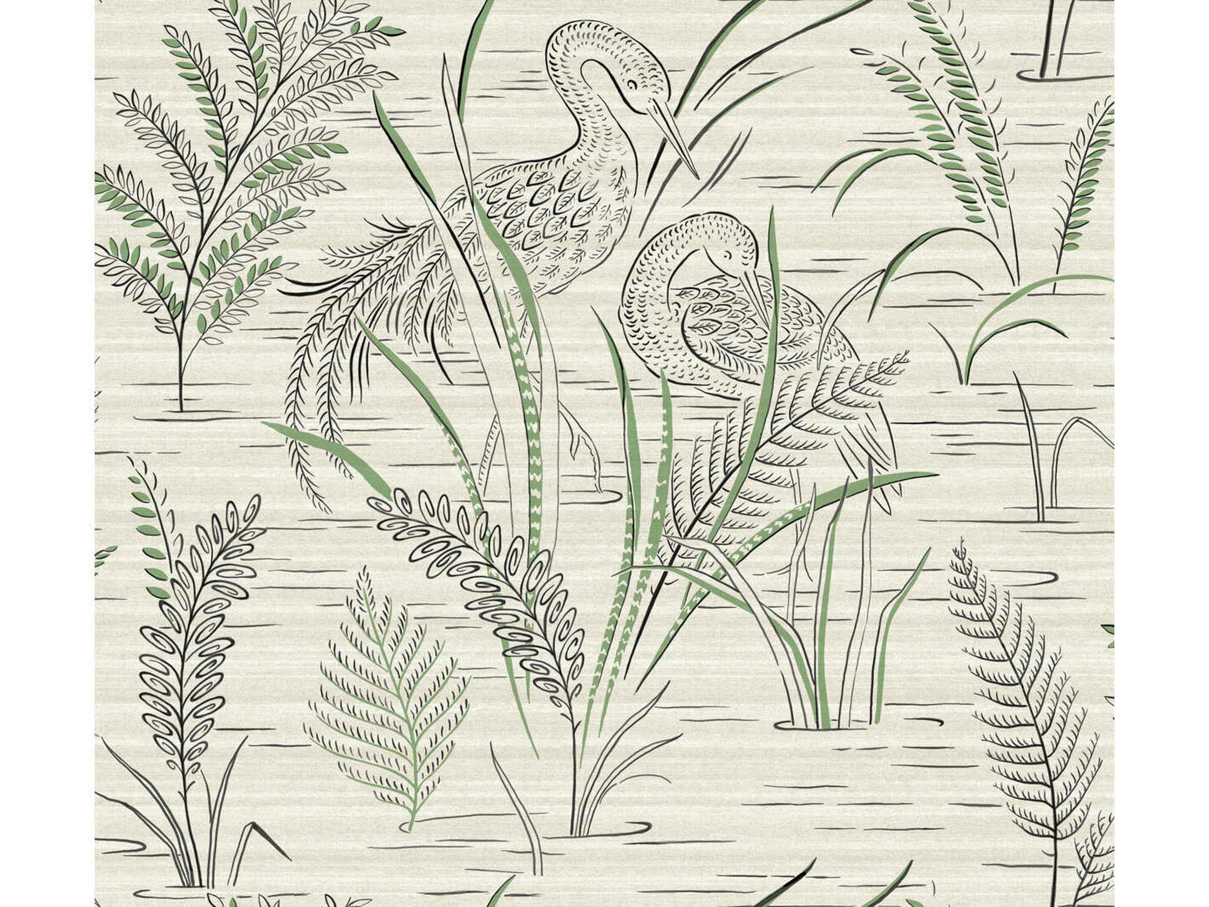 York Wallcoverings Grandmillennial Black Green Fernwater Cranes Wallpaper