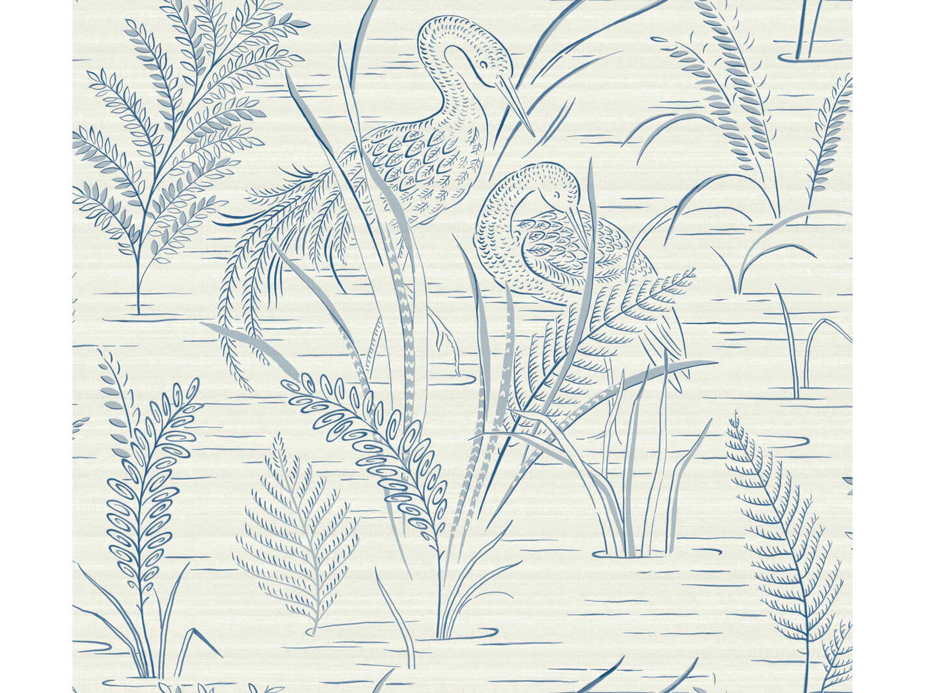 York Wallcoverings Grandmillennial Blue Fernwater Cranes Wallpaper