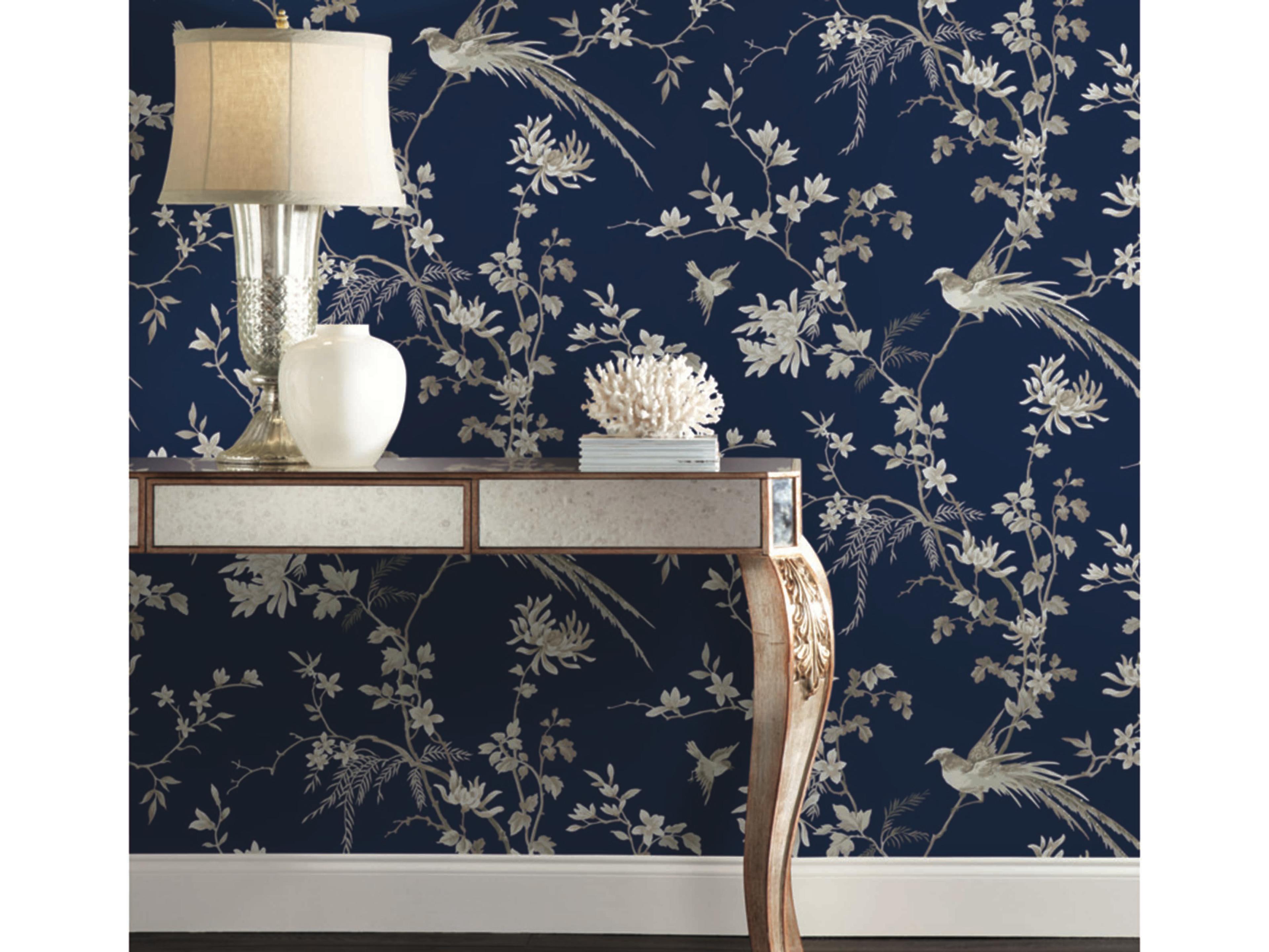 York Wallcoverings Ronald Redding 24 Karat Blue Bird Blossom Chinoserie Wallpaper