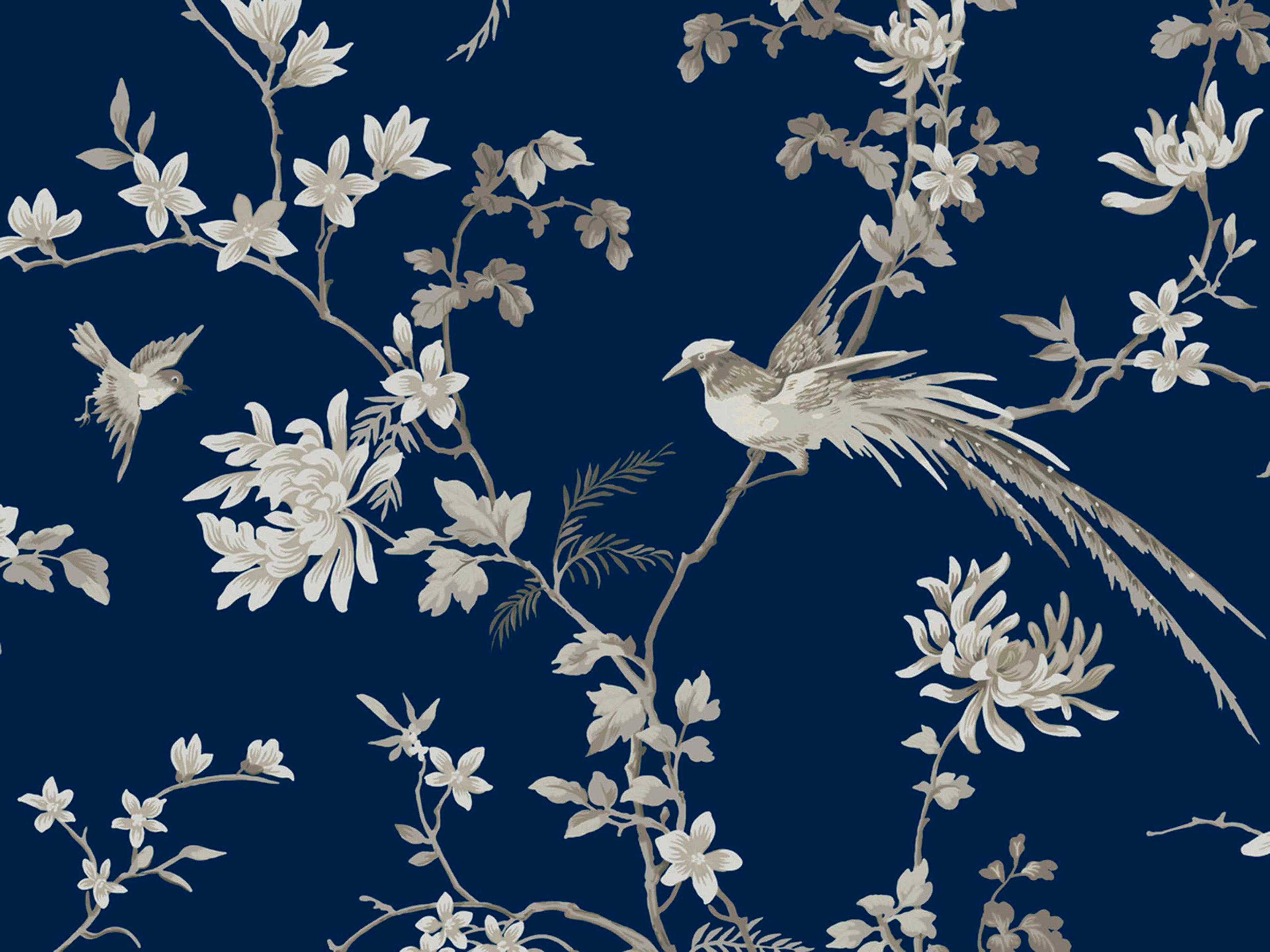 York Wallcoverings Ronald Redding 24 Karat Blue Bird Blossom Chinoserie Wallpaper