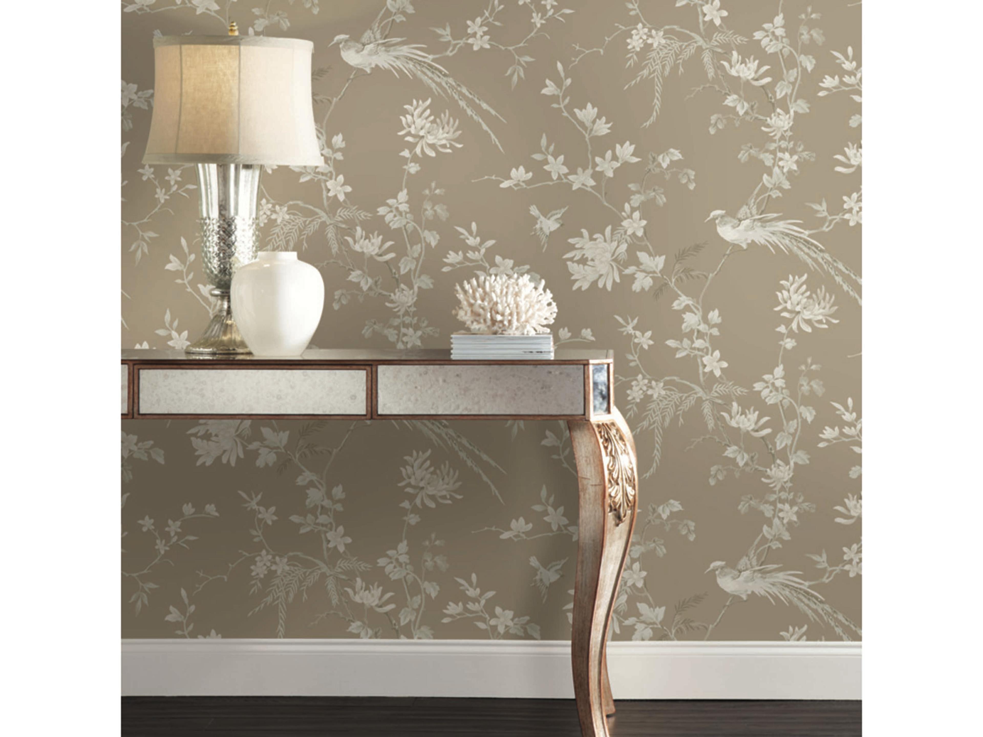 York Wallcoverings Ronald Redding 24 Karat Brown Bird Blossom Chinoserie Wallpaper