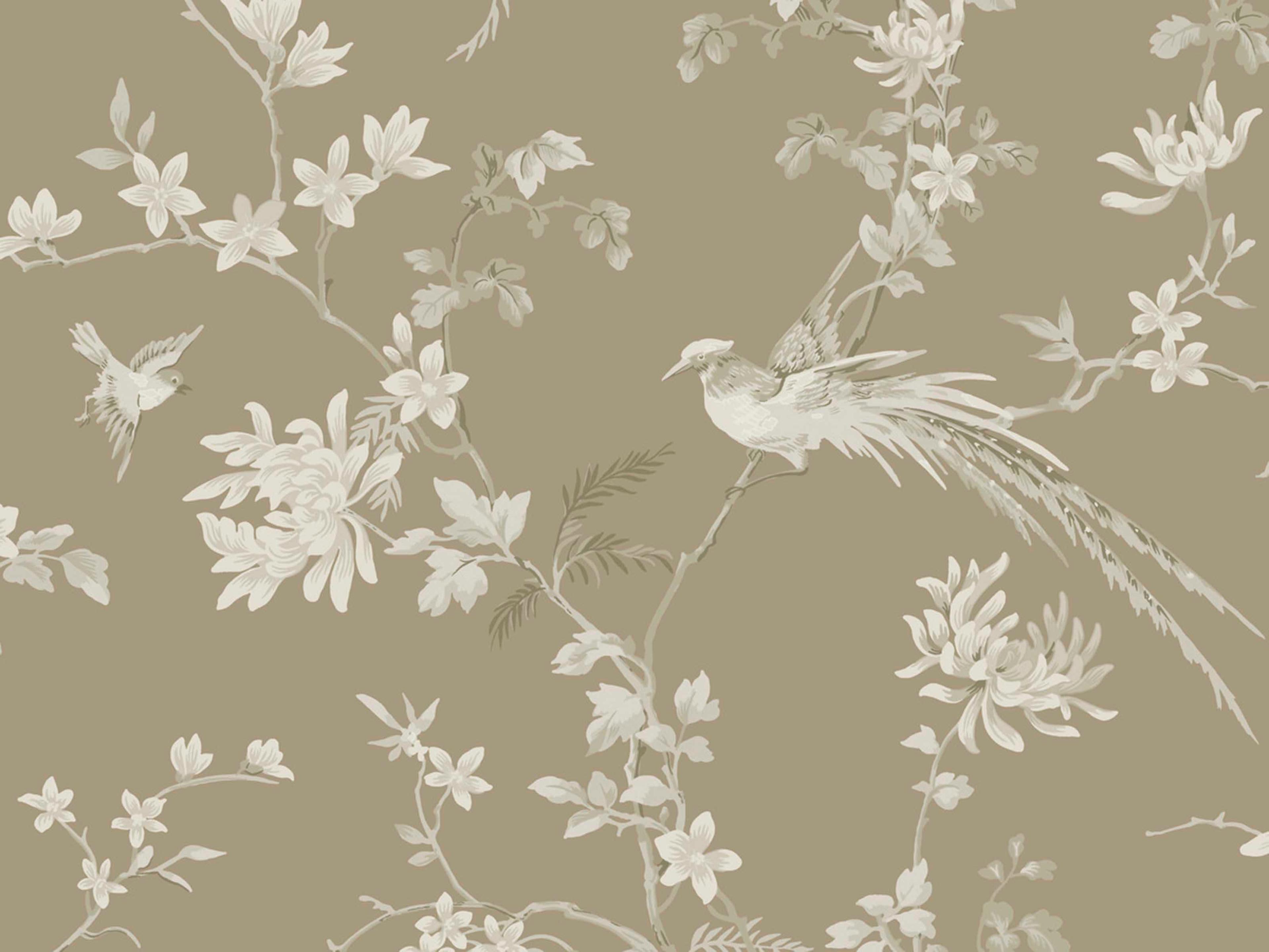 York Wallcoverings Ronald Redding 24 Karat Brown Bird Blossom Chinoserie Wallpaper