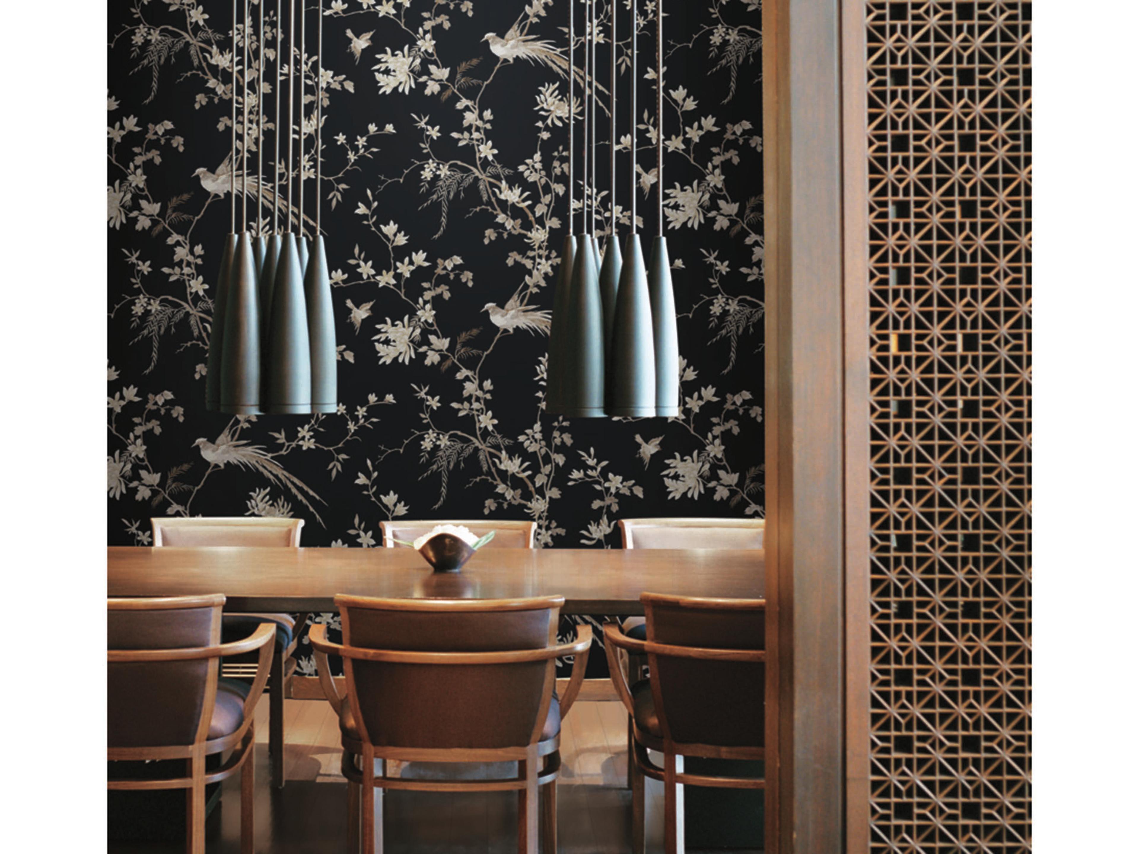 Ronald Redding 24 Karat Black Bird Blossom Chinoserie Wallpaper