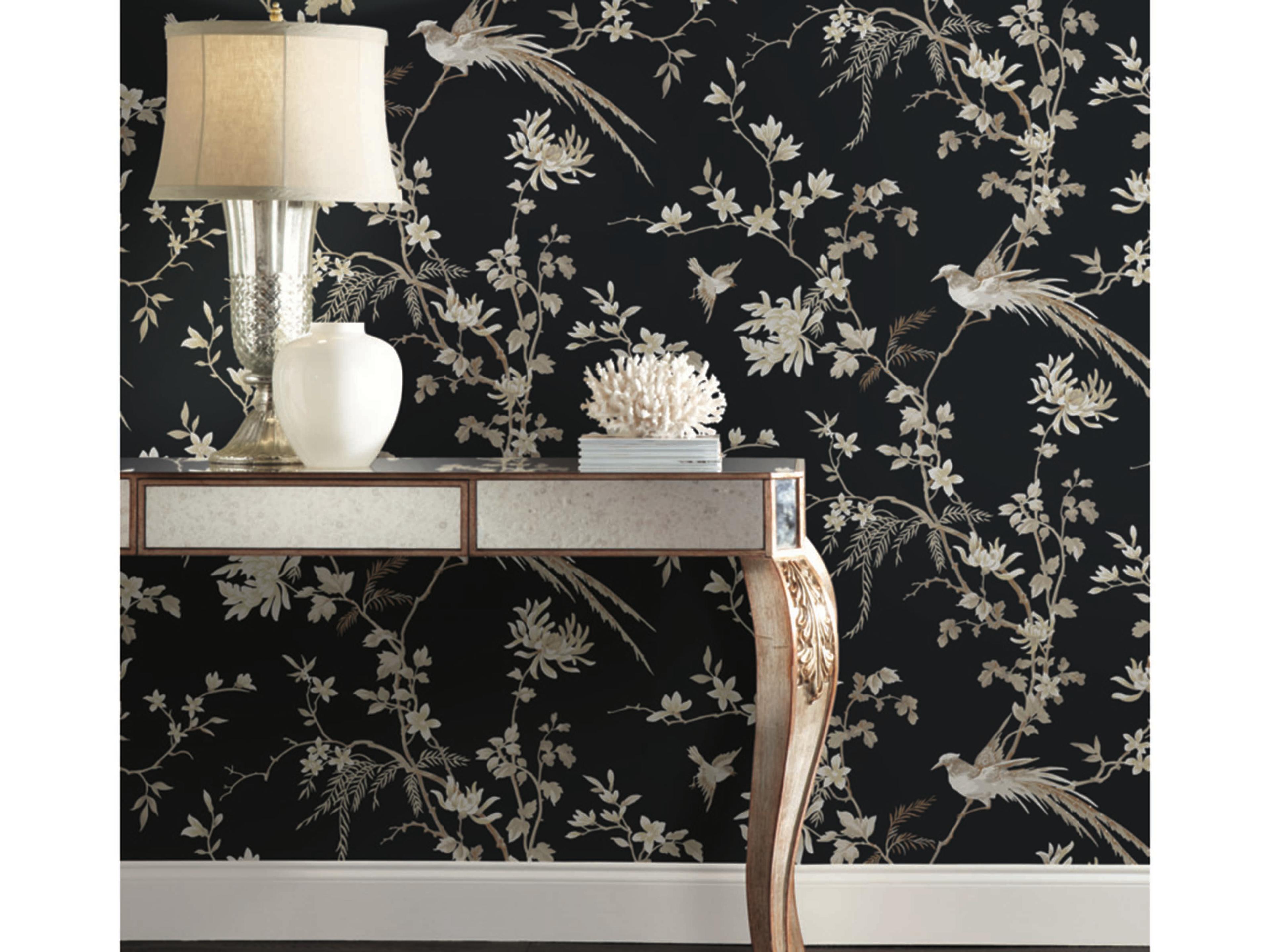 York Wallcoverings Ronald Redding 24 Karat Black Bird Blossom Chinoserie Wallpaper