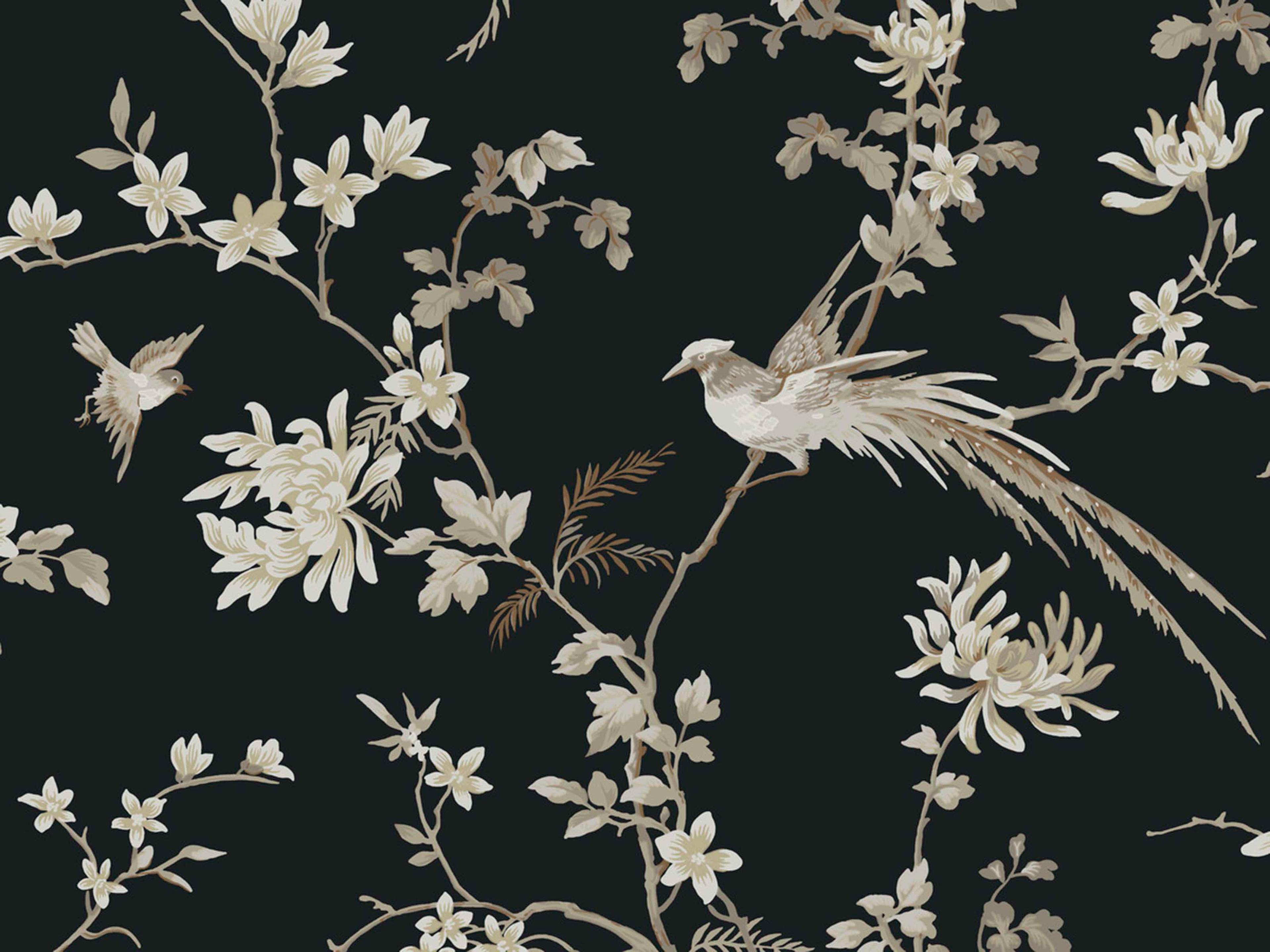 York Wallcoverings Ronald Redding 24 Karat Black Bird Blossom Chinoserie Wallpaper