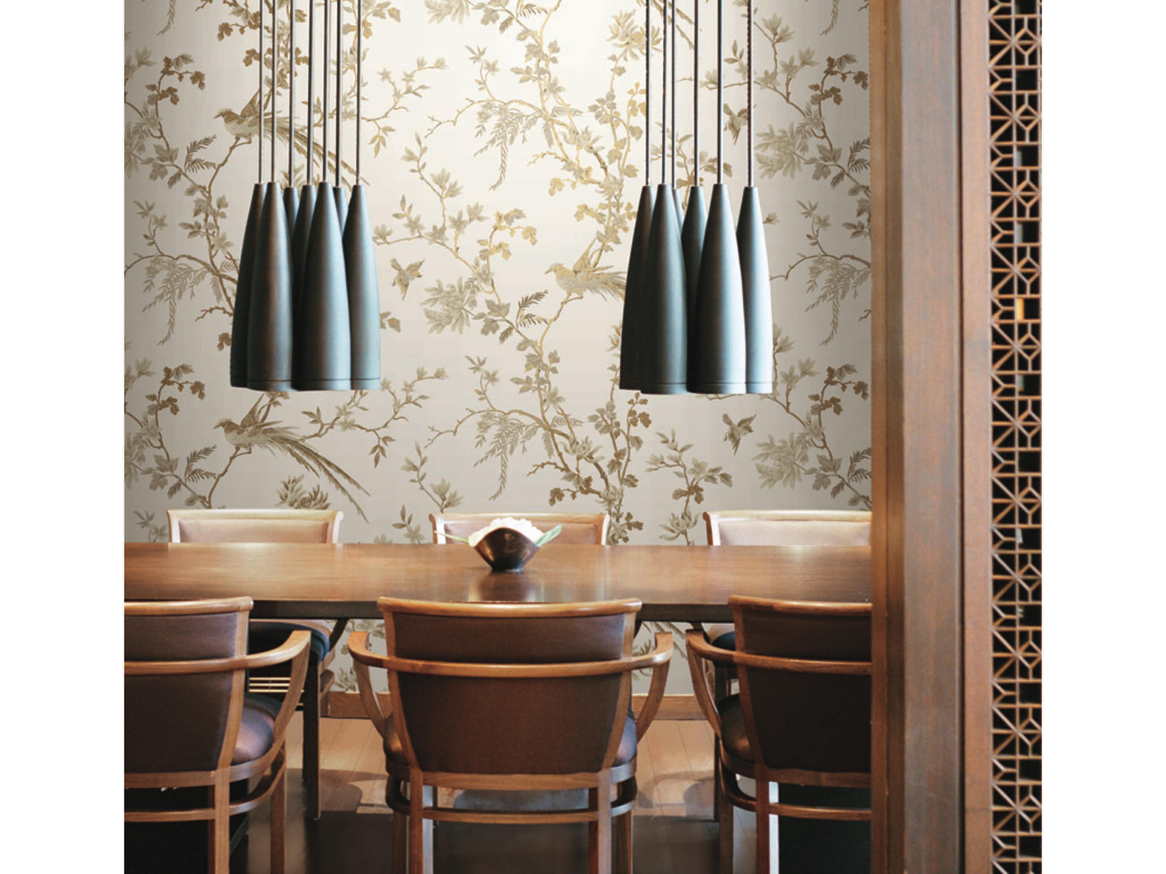York Wallcoverings Ronald Redding 24 Karat White Gold Bird Blossom Chinoserie Wallpaper