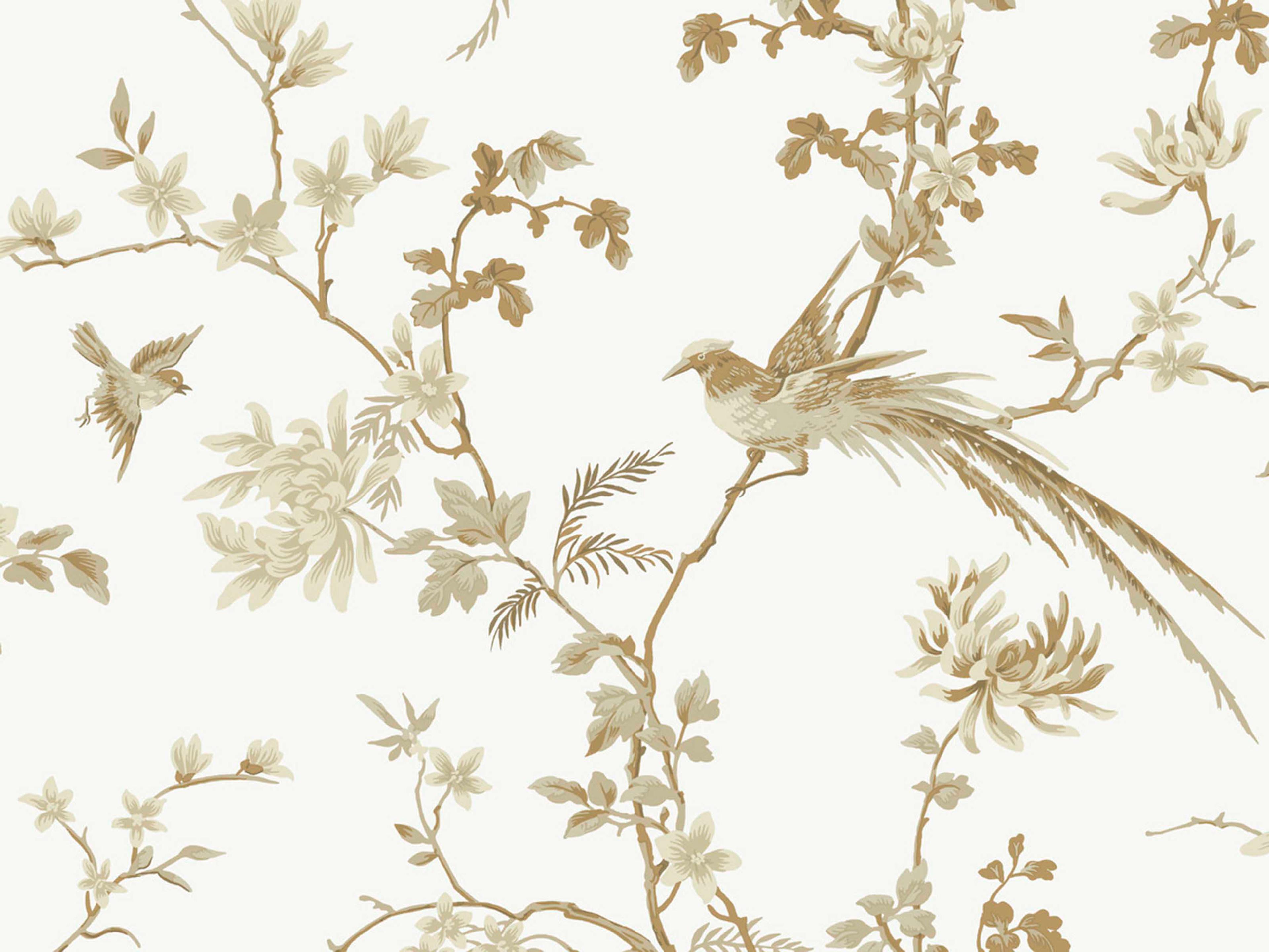 York Wallcoverings Ronald Redding 24 Karat White Gold Bird Blossom Chinoserie Wallpaper