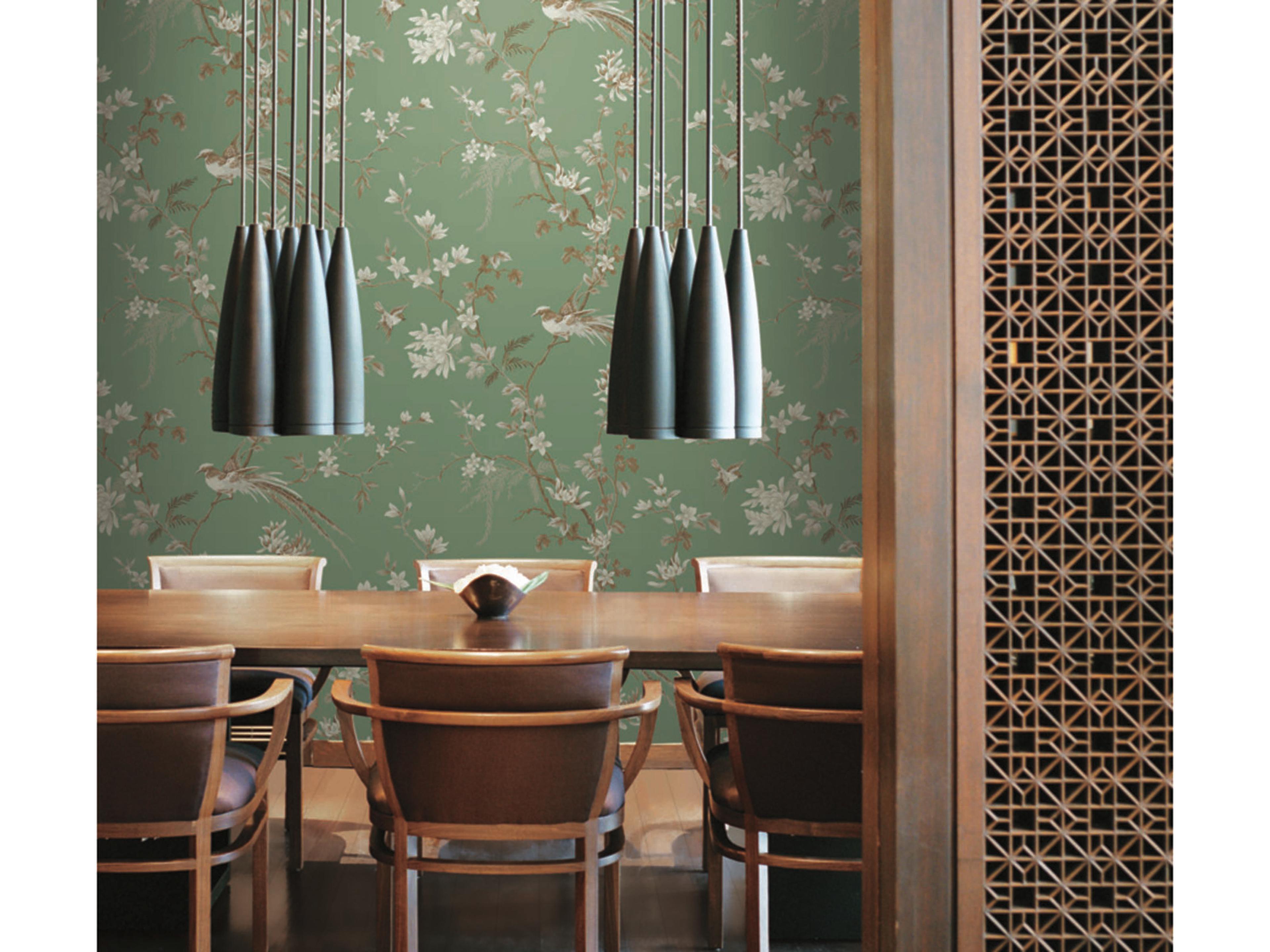 Ronald Redding 24 Karat Green Bird Blossom Chinoserie Wallpaper