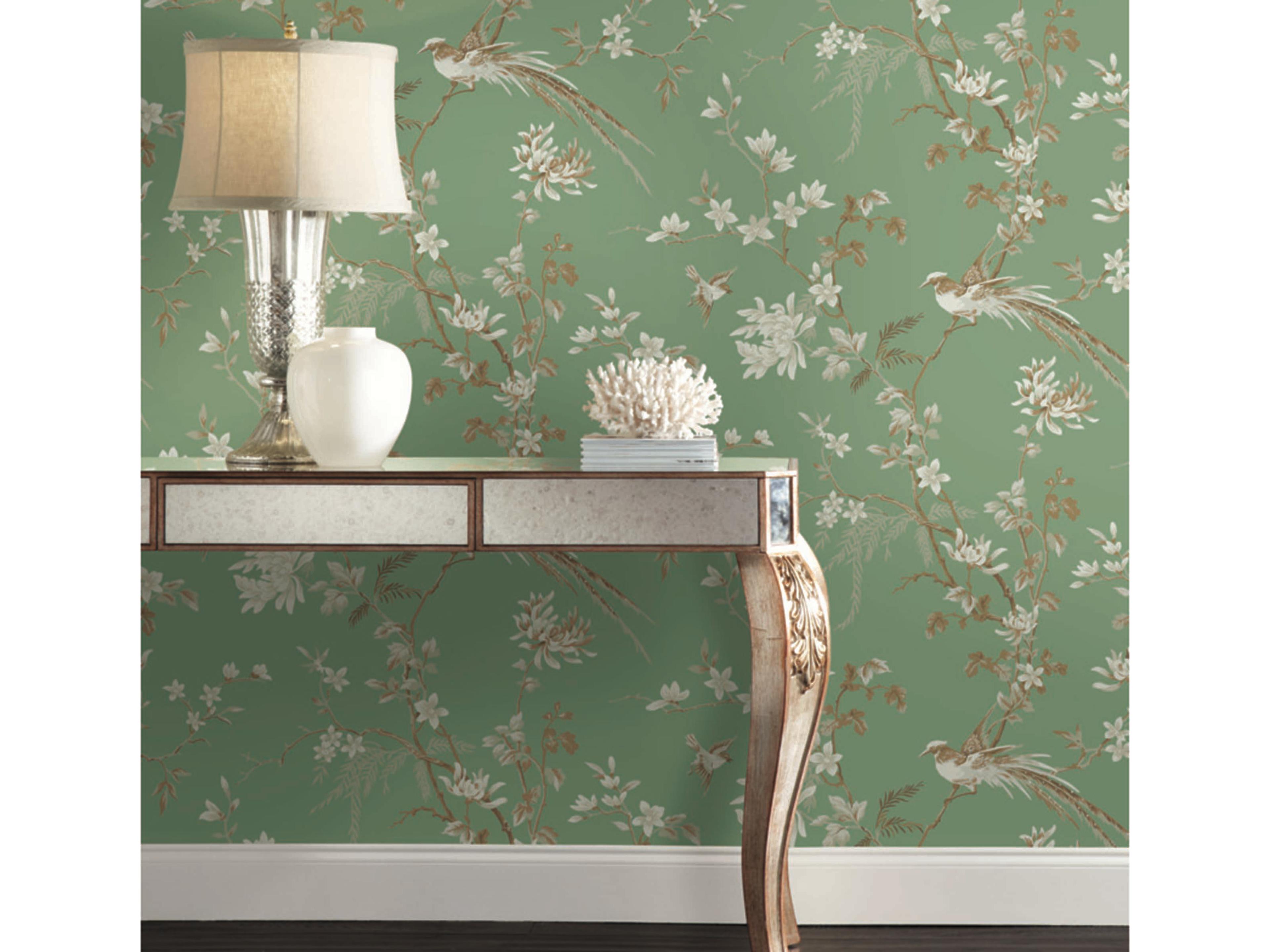 York Wallcoverings Ronald Redding 24 Karat Green Bird Blossom Chinoserie Wallpaper