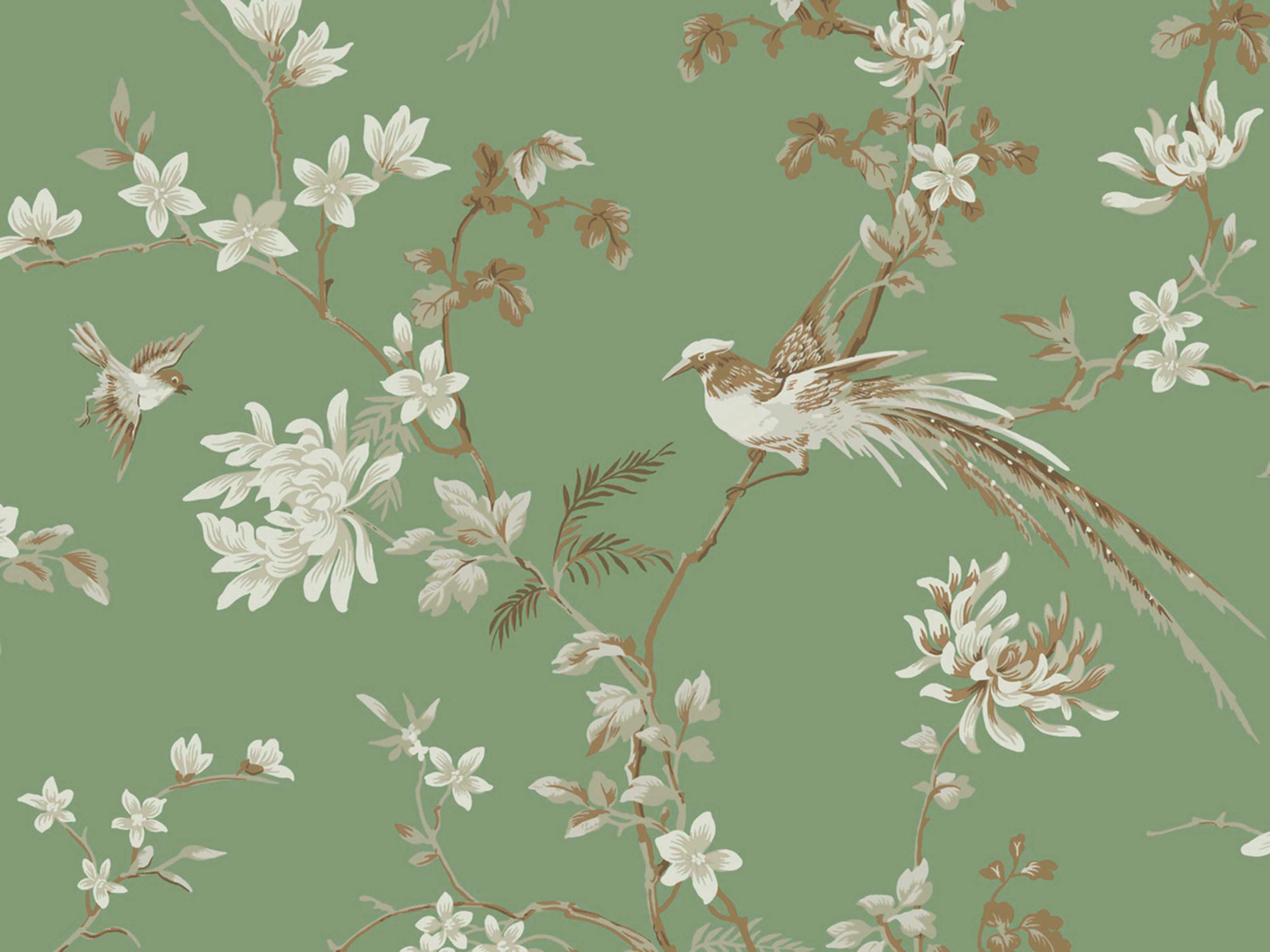 York Wallcoverings Ronald Redding 24 Karat Green Bird Blossom Chinoserie Wallpaper