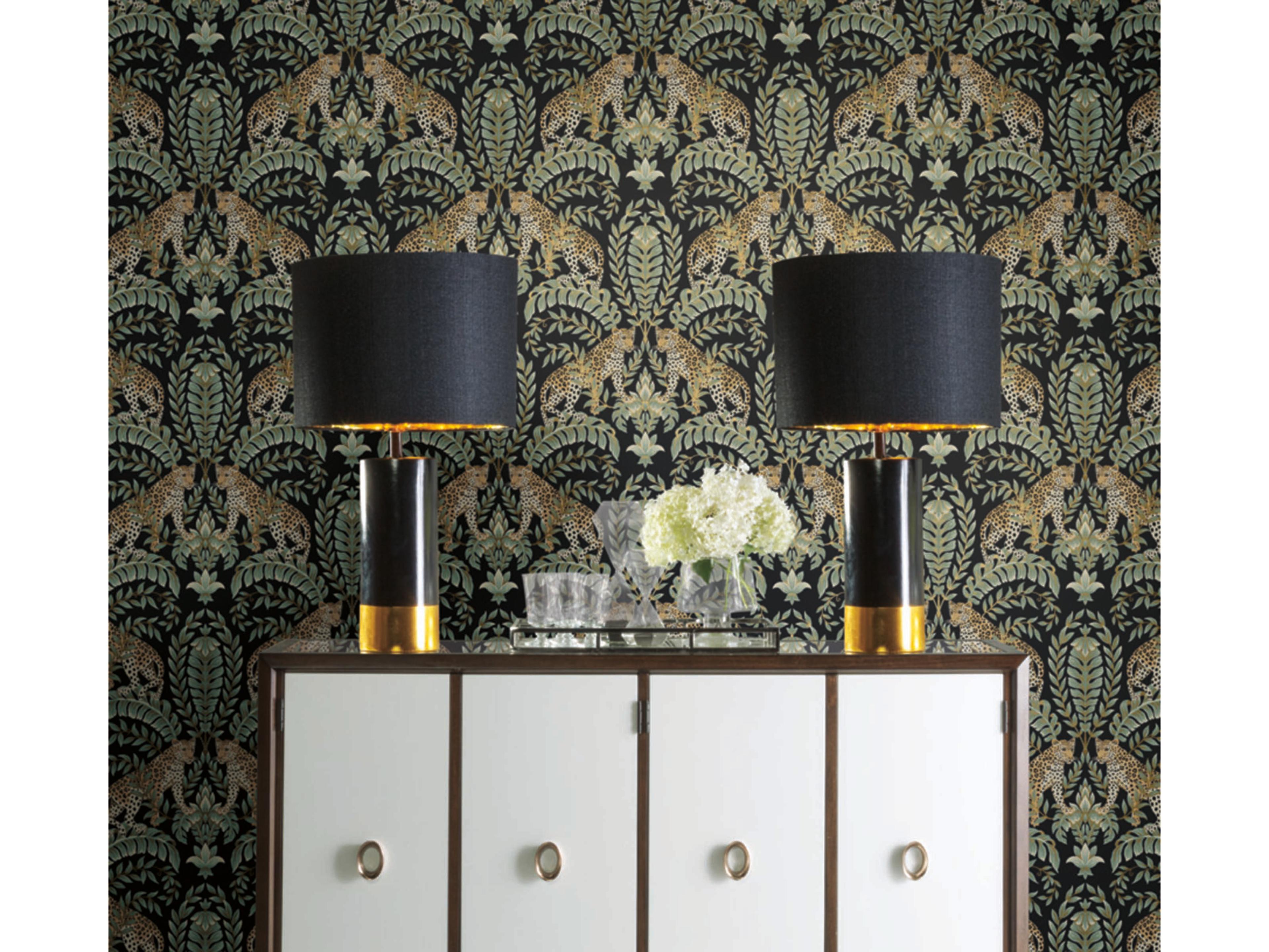 York Wallcoverings Ronald Redding 24 Karat Black Green Jungle Leopard Wallpaper