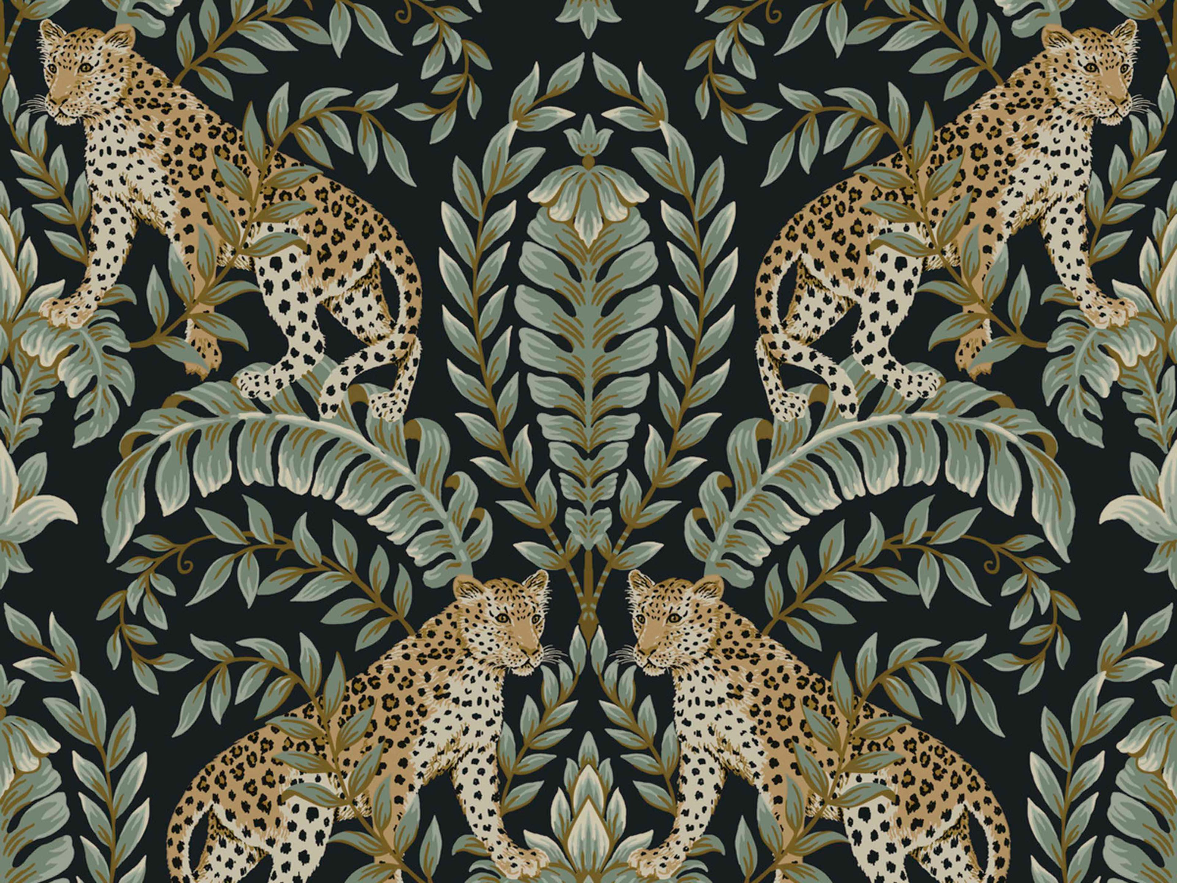 York Wallcoverings Ronald Redding 24 Karat Black Green Jungle Leopard Wallpaper
