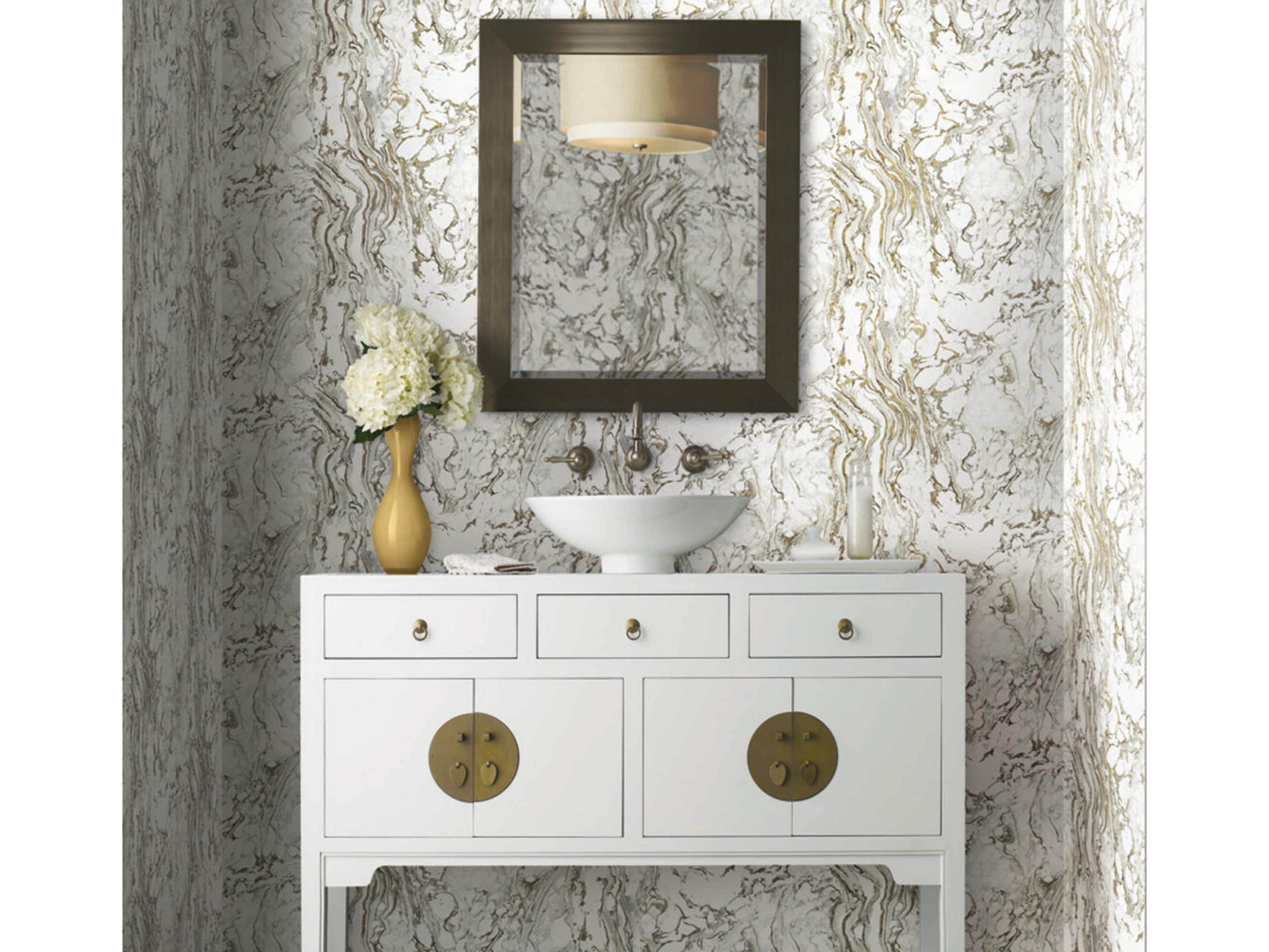 York Wallcoverings Ronald Redding 24 Karat Black White Polished Marble Wallpaper