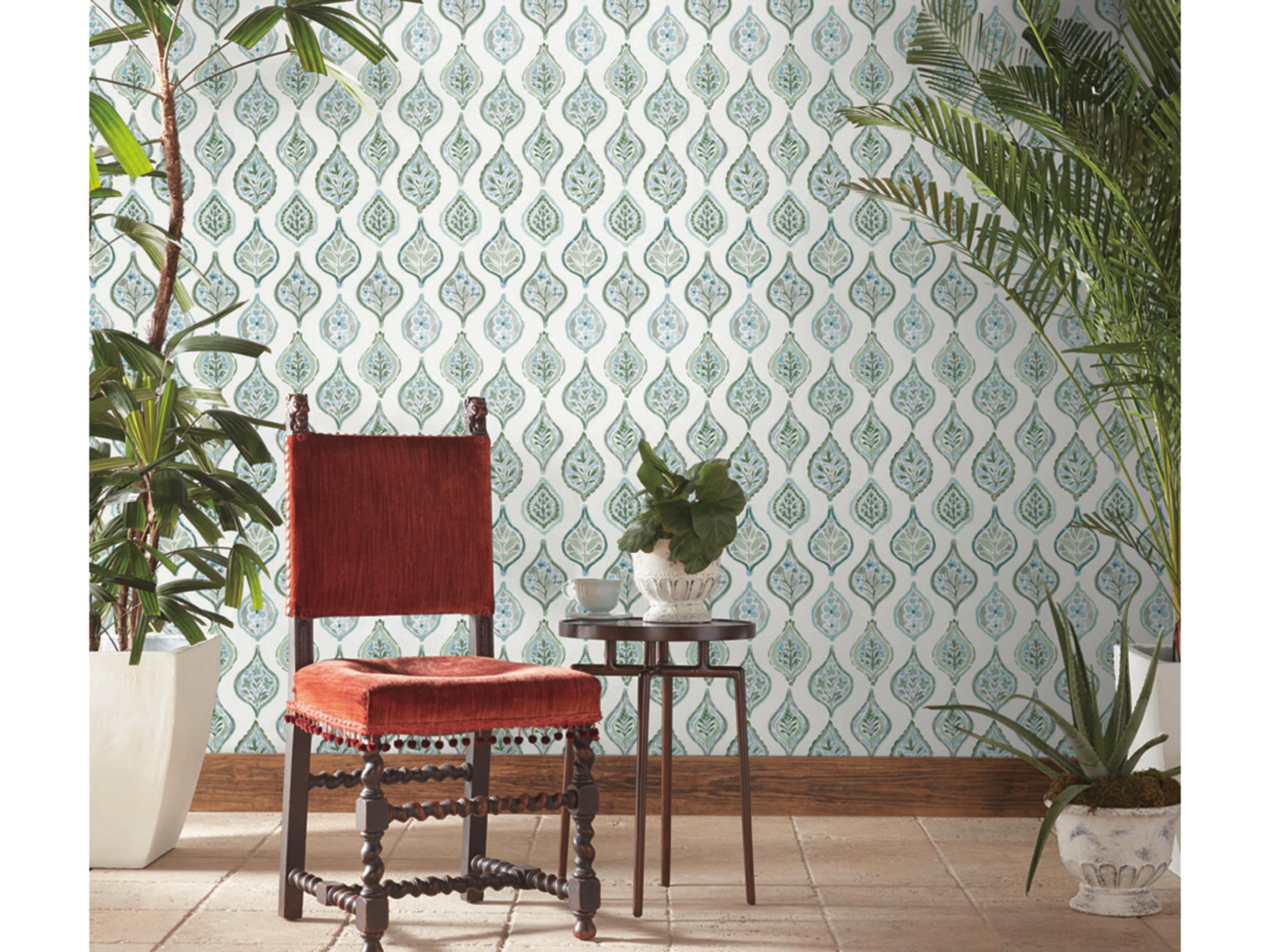 Mediterranean Pale Grey Green Marketplace Motif Wallpaper