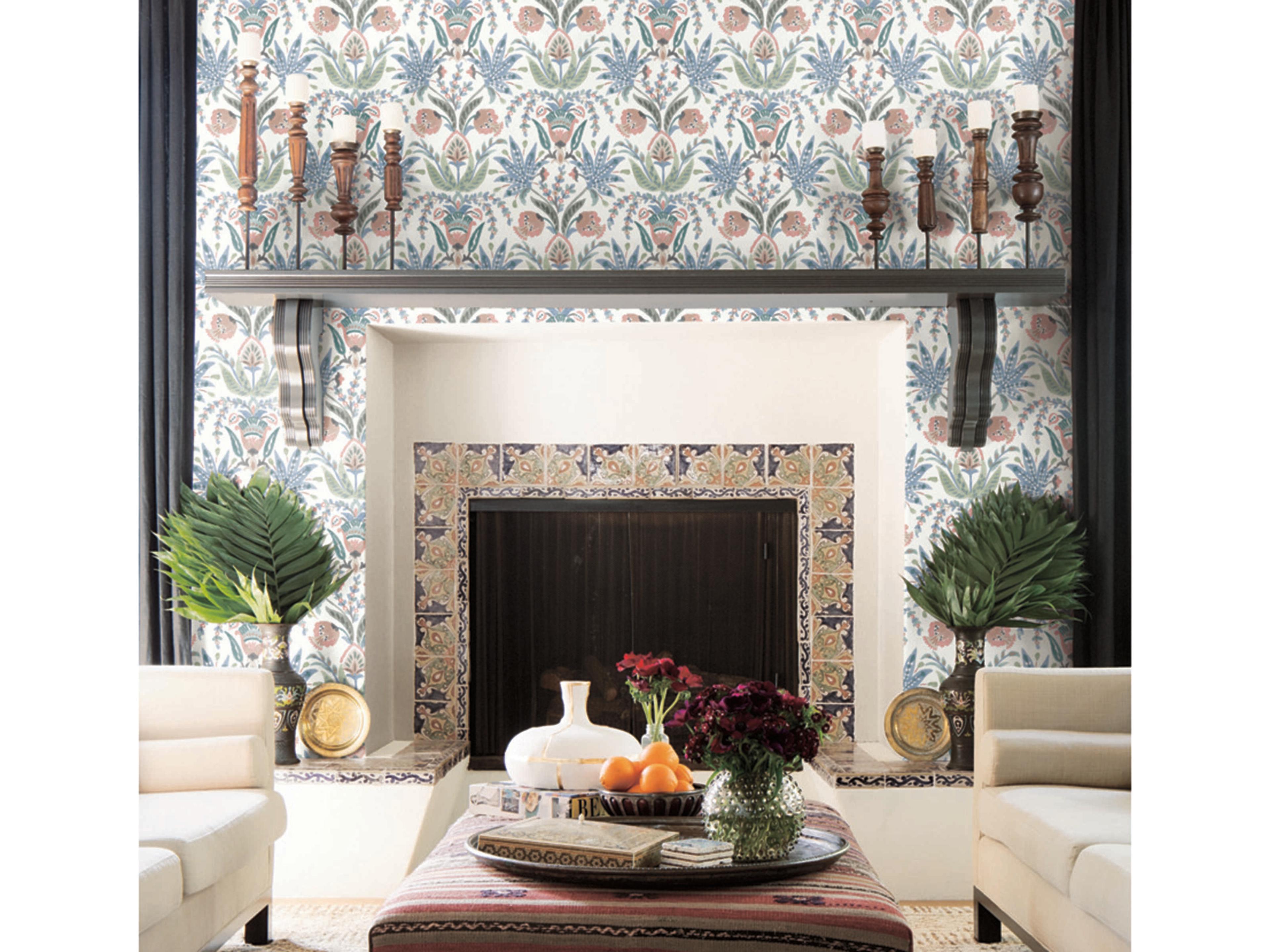 Mediterranean Pink Blue Seaside Jacobean Wallpaper