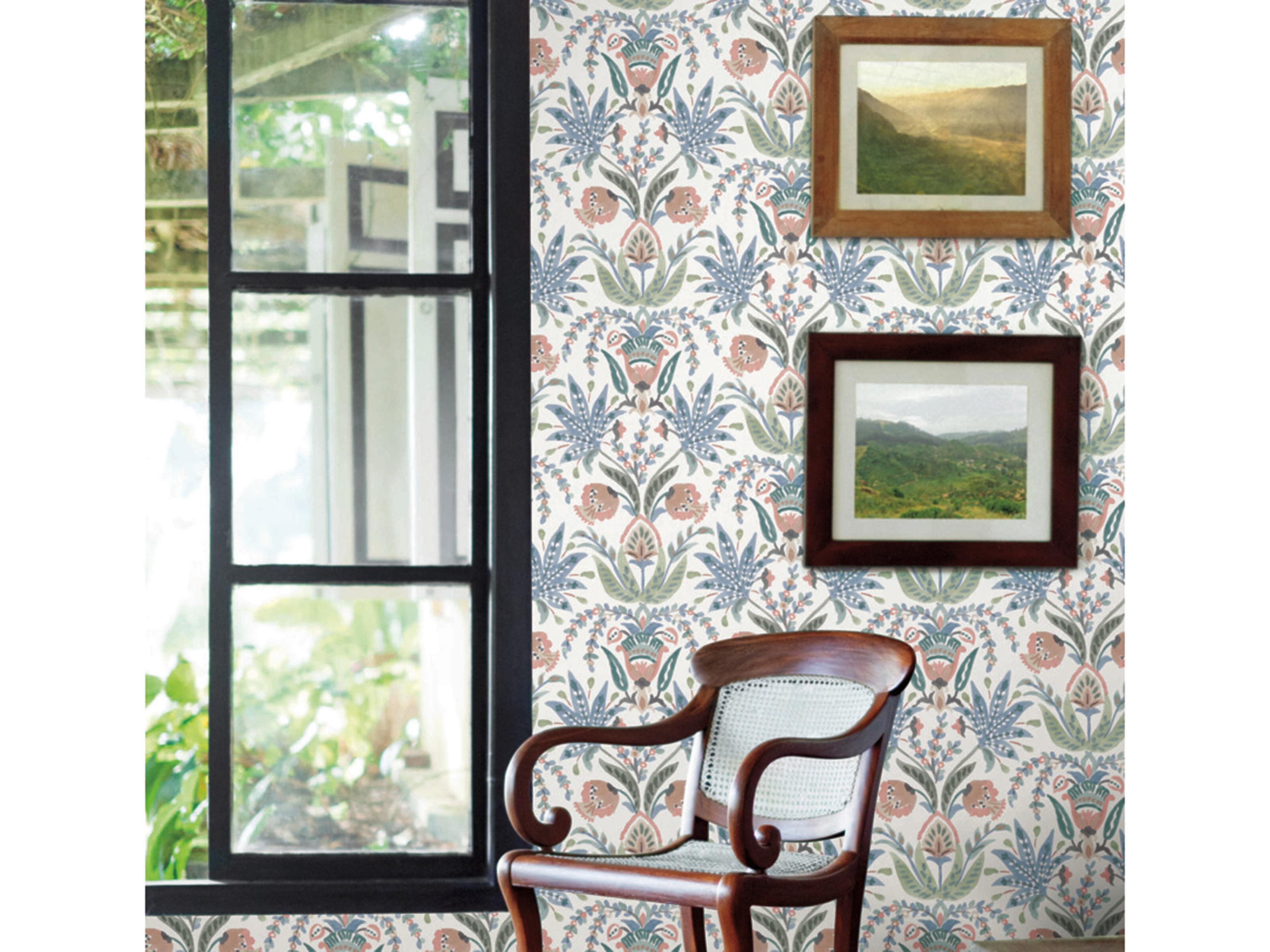 York Wallcoverings Mediterranean Pink Blue Seaside Jacobean Wallpaper