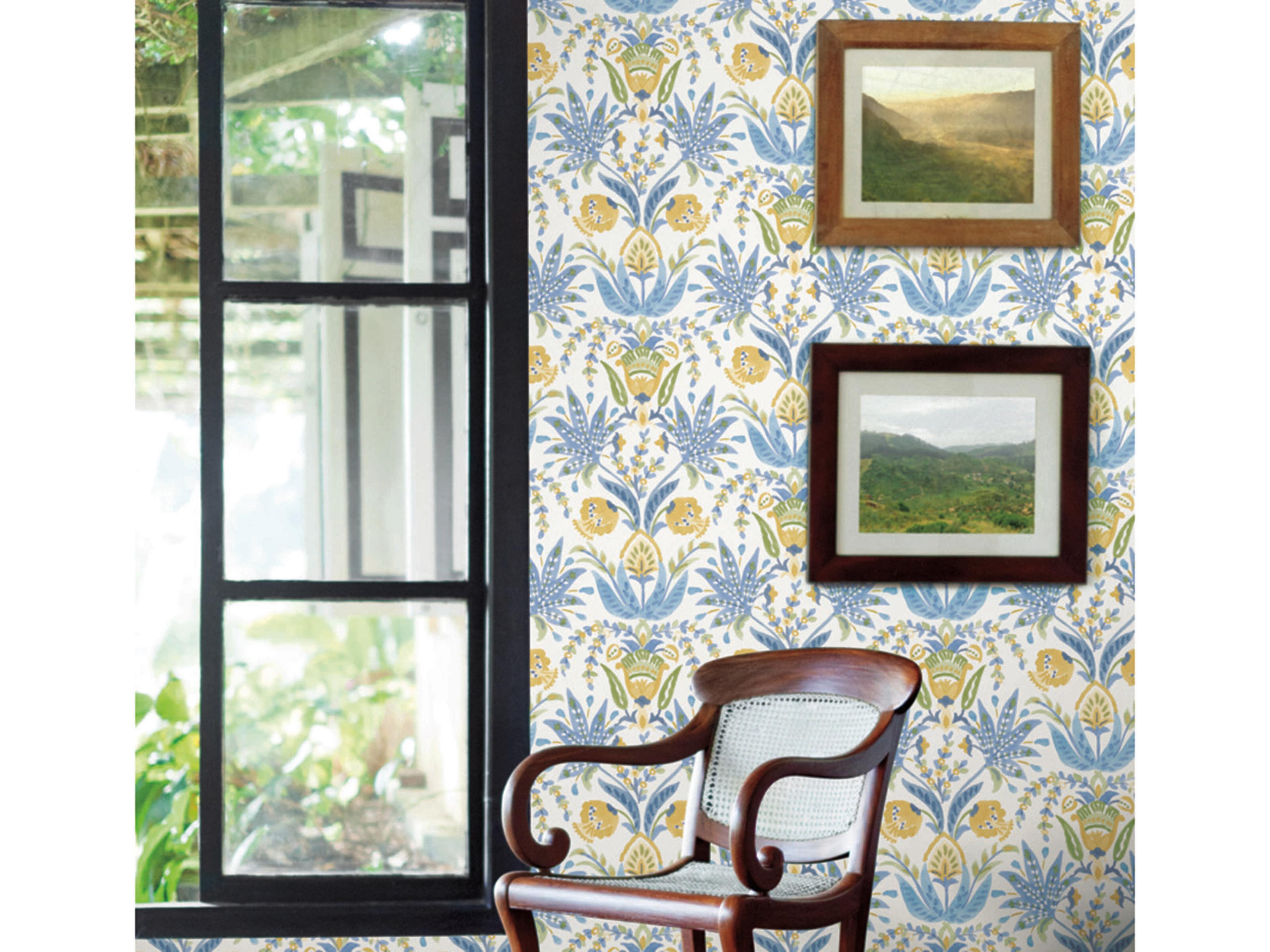 Mediterranean Yellow Blue Seaside Jacobean Wallpaper