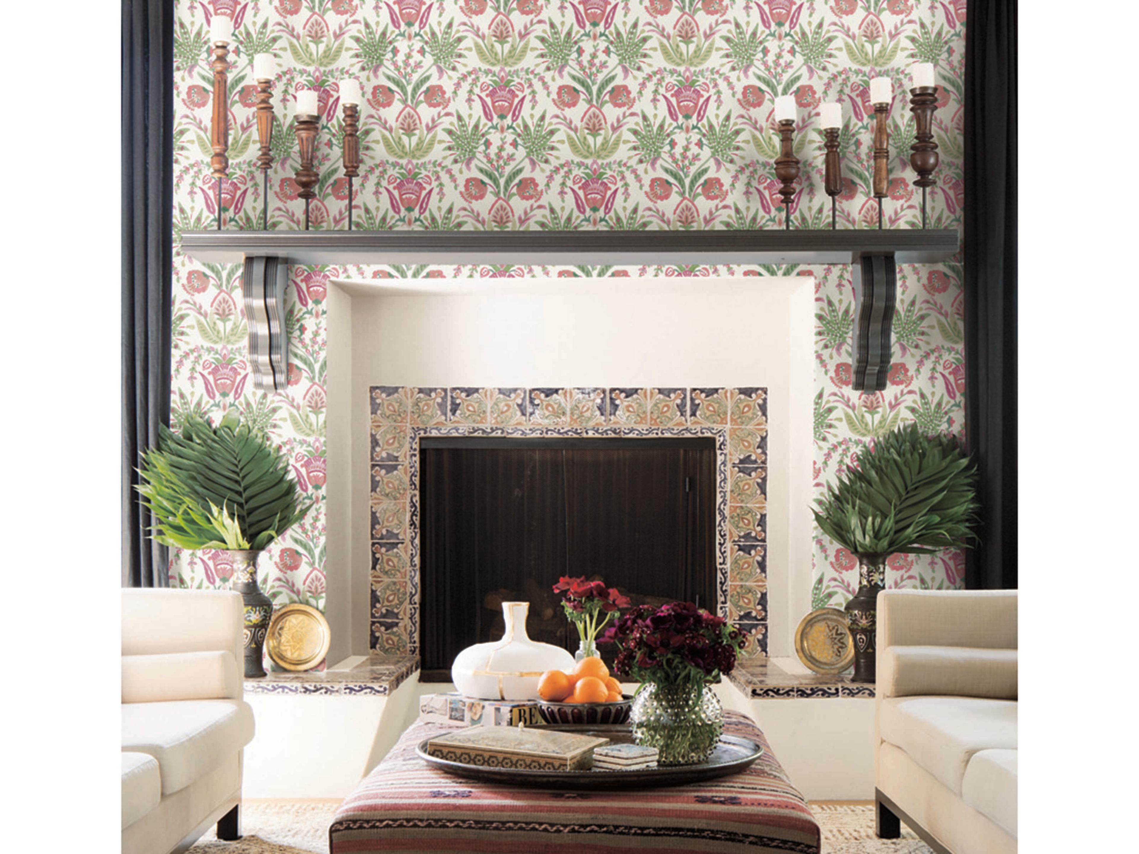 Mediterranean Green Red Seaside Jacobean Wallpaper