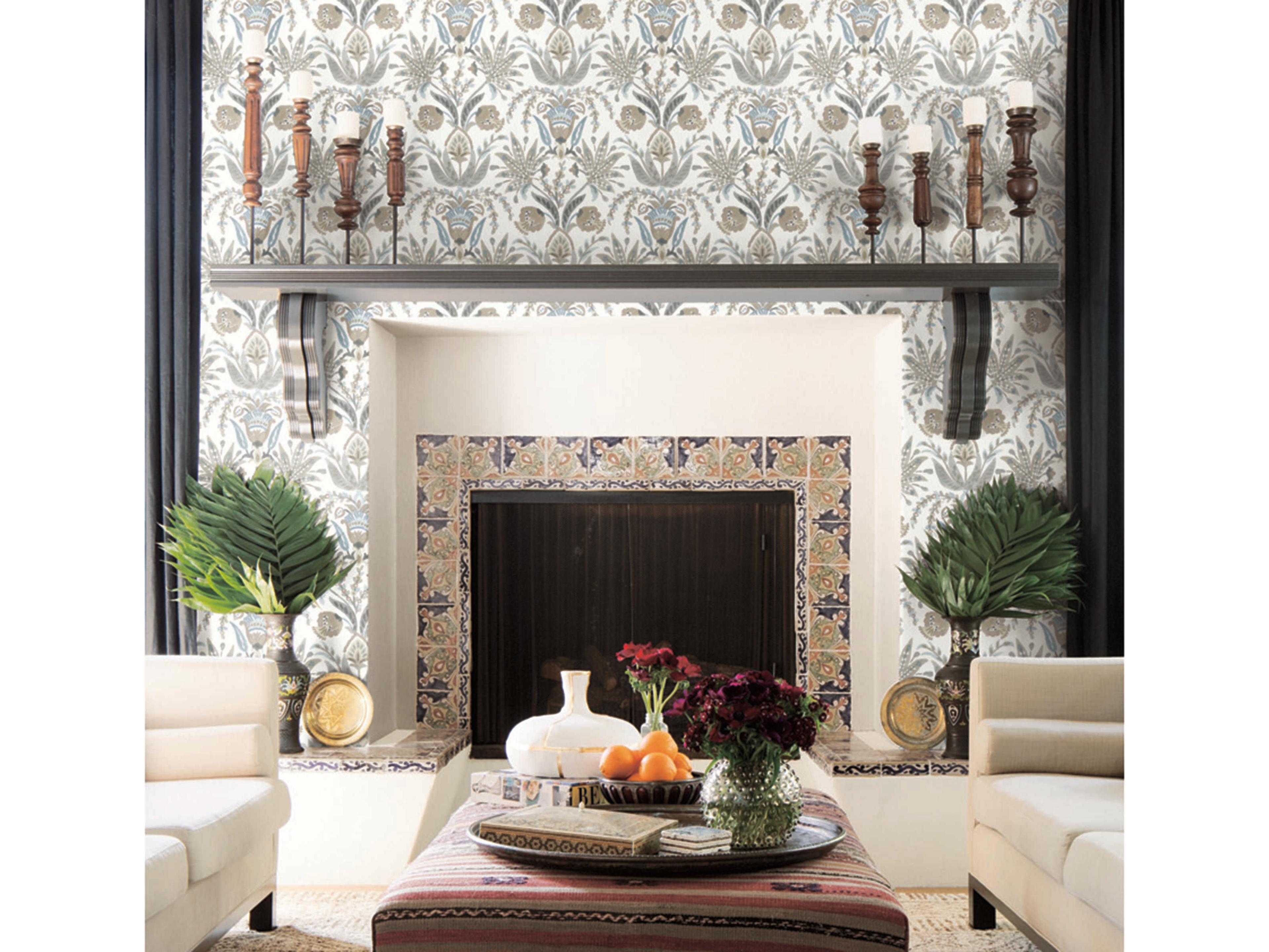 Mediterranean Taupe Blue Seaside Jacobean Wallpaper