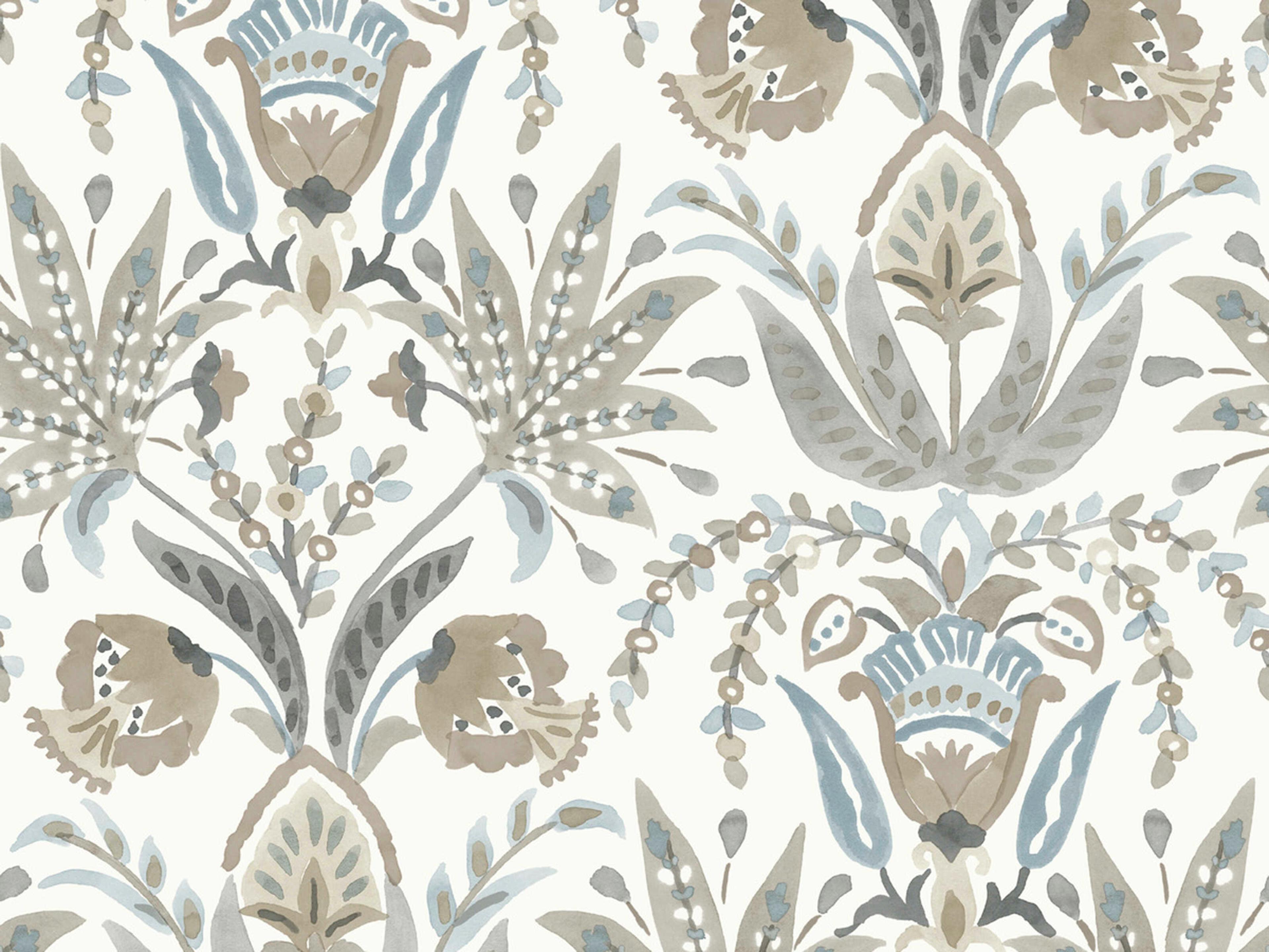 York Wallcoverings Mediterranean Taupe Blue Seaside Jacobean Wallpaper