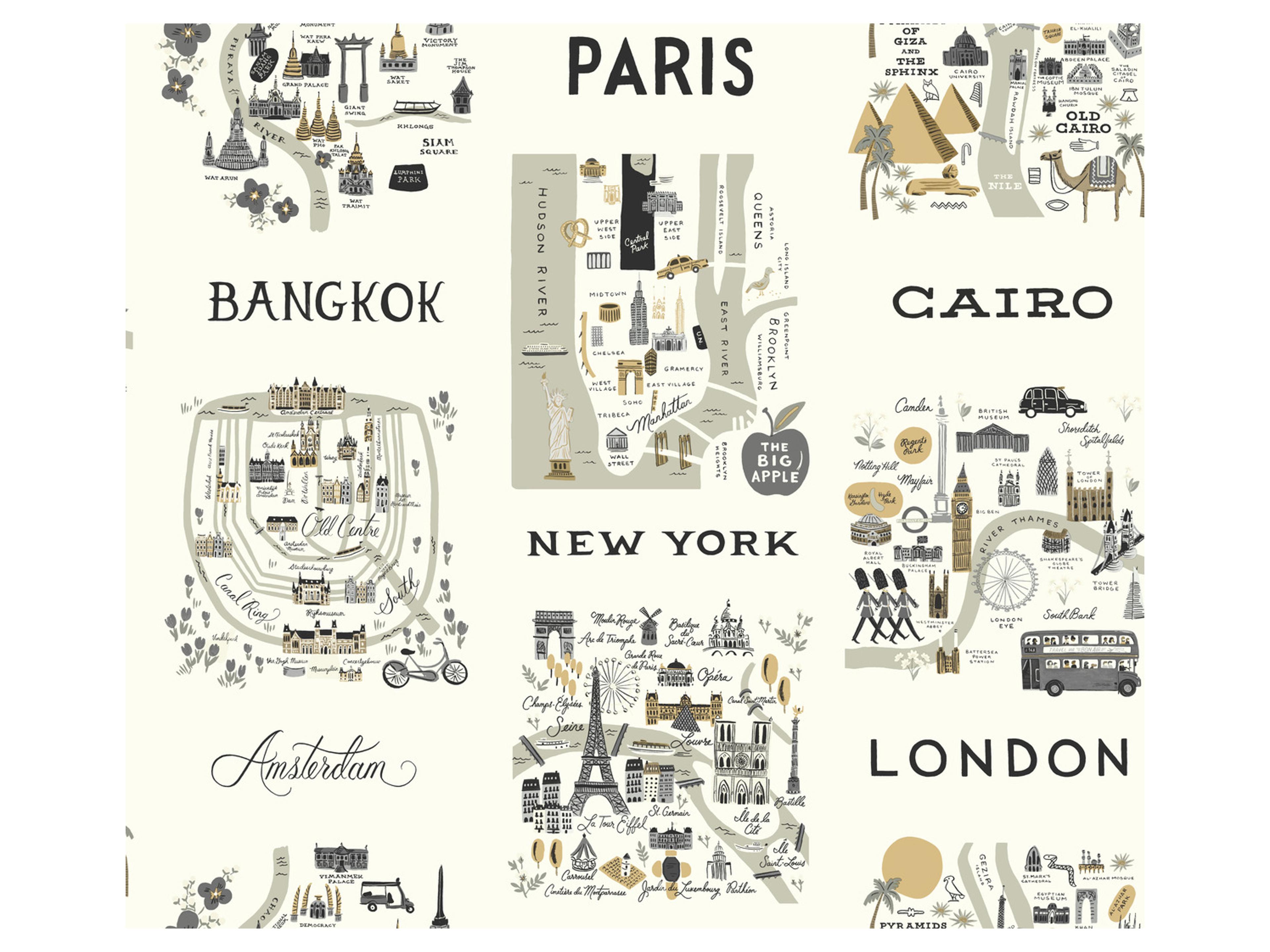 York Wallcoverings Gray / Gold City Maps Wallpaper