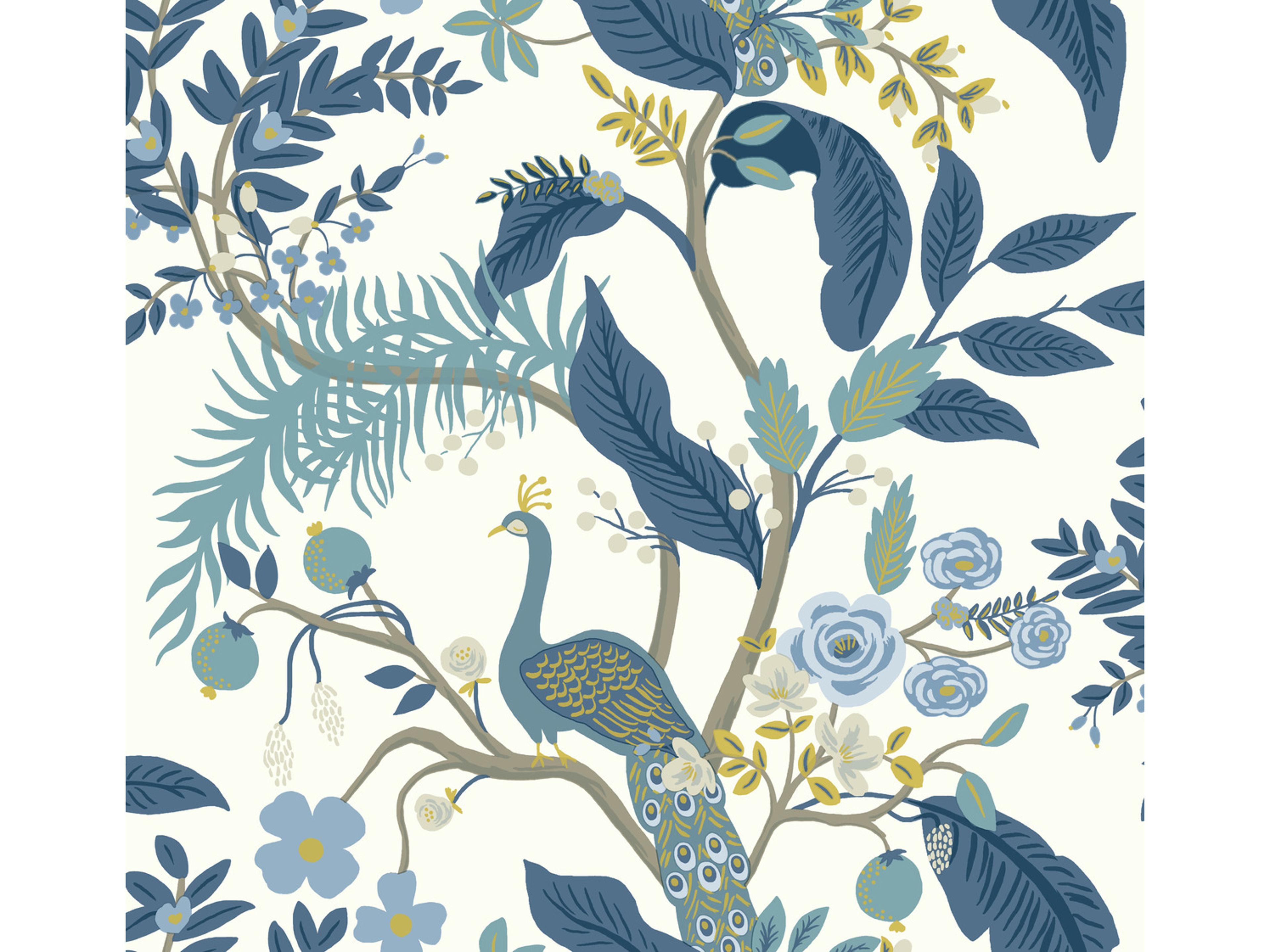 York Wallcoverings Blue / White Peacock Wallpaper