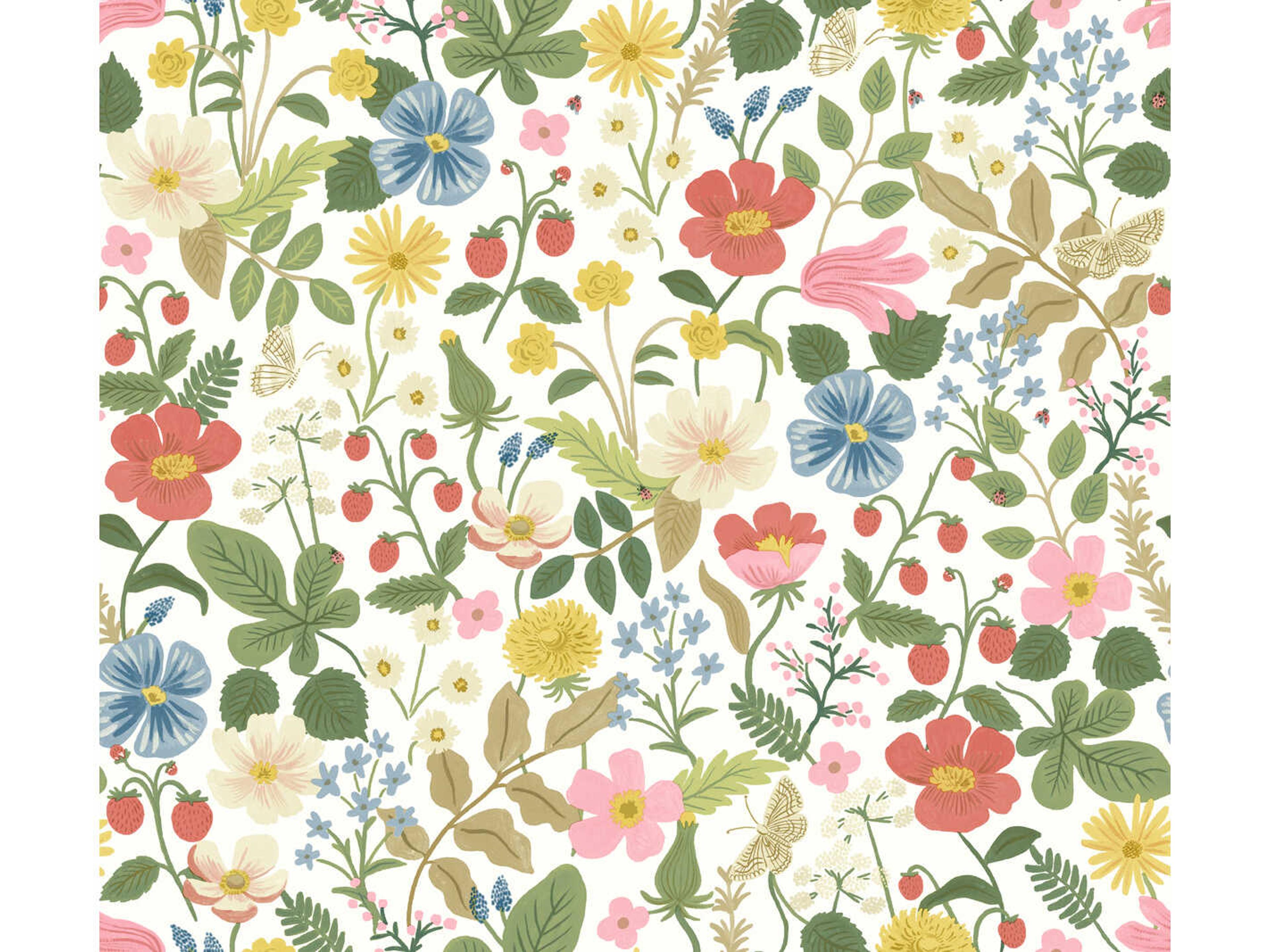 York Wallcoverings Rifle Paper Co. Second Edition White Red Strawberry Fields Wallpaper