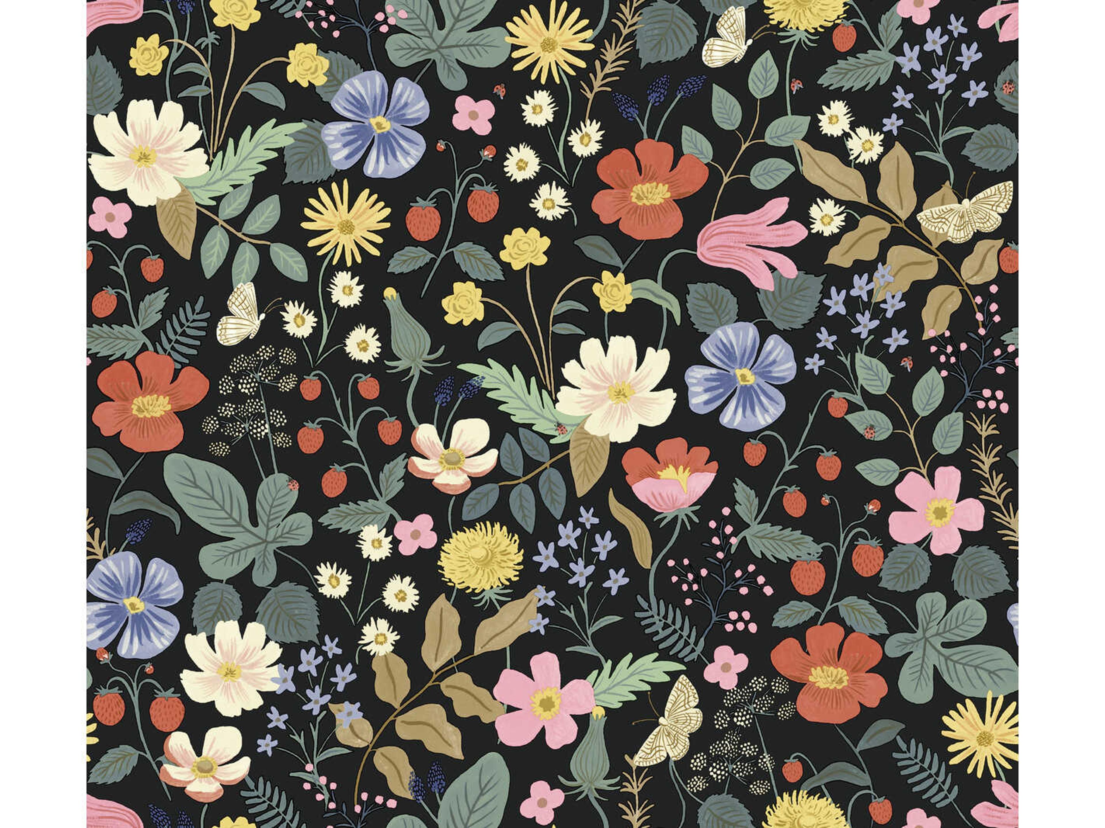 York Wallcoverings Rifle Paper Co. Second Edition Black Green Strawberry Fields Wallpaper