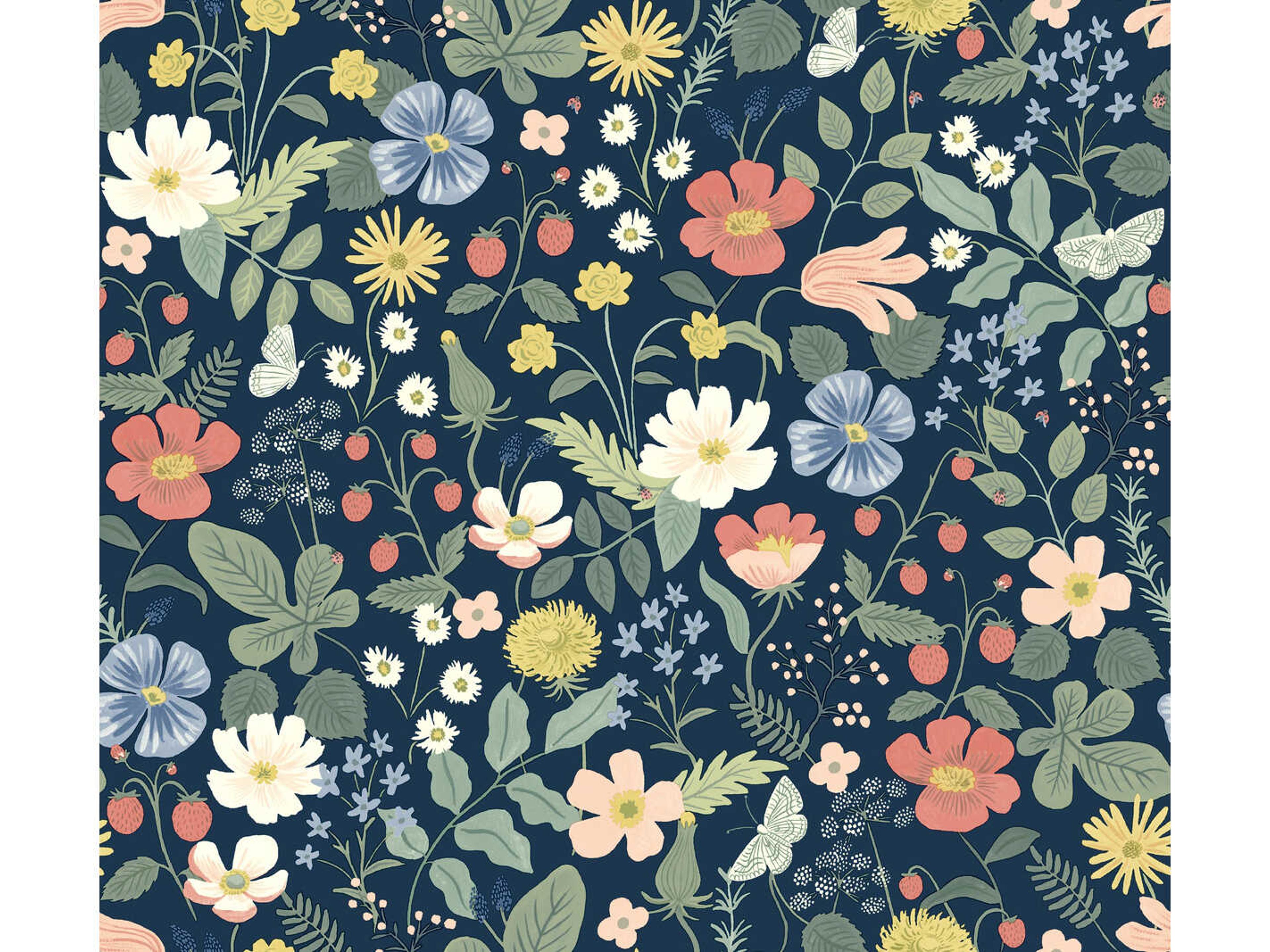 York Wallcoverings Rifle Paper Co. Second Edition Blue Pink Strawberry Fields Wallpaper