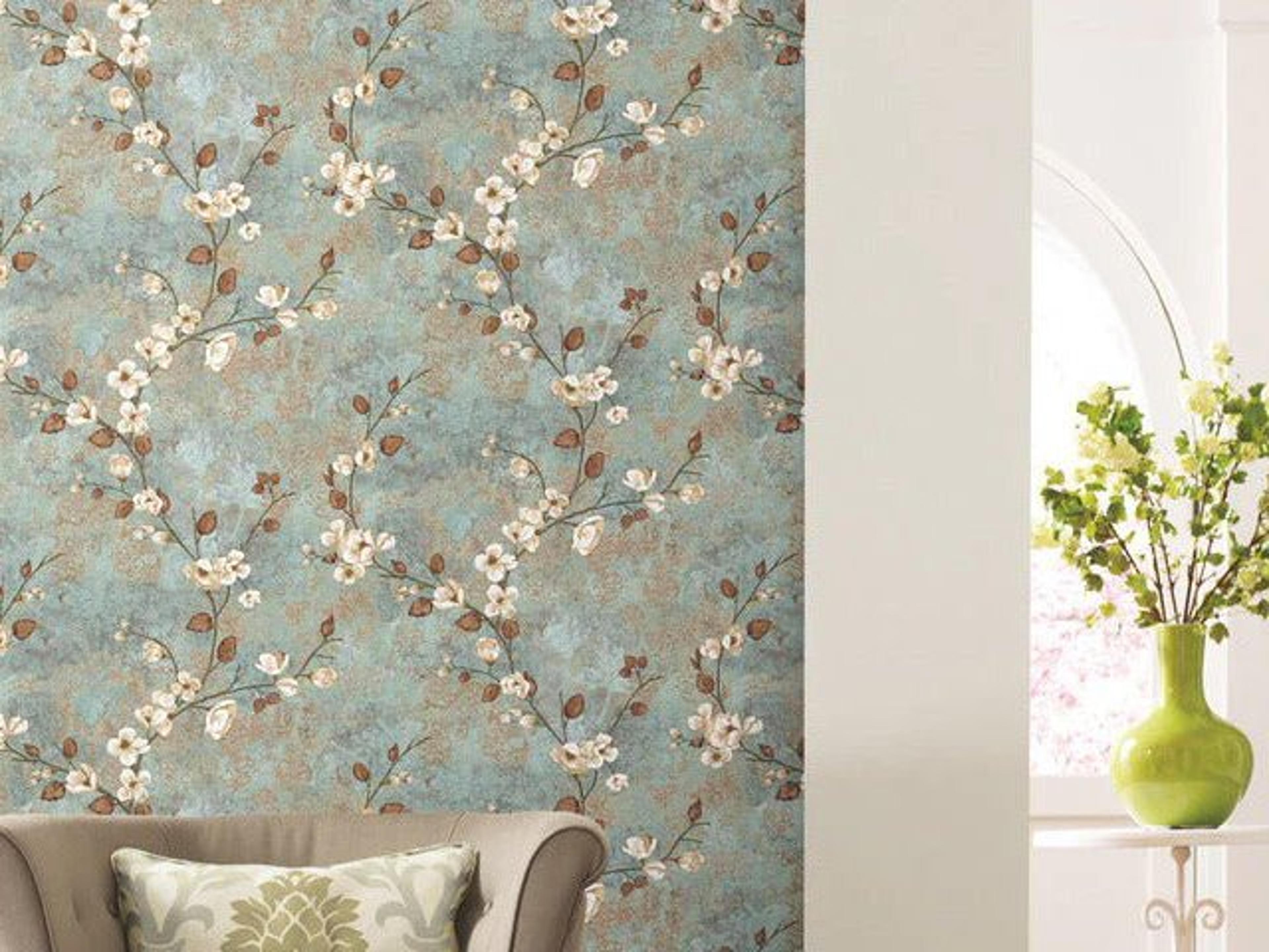 York Wallcoverings Best Sellers Teal Dark Brown Dogwood Wallpaper