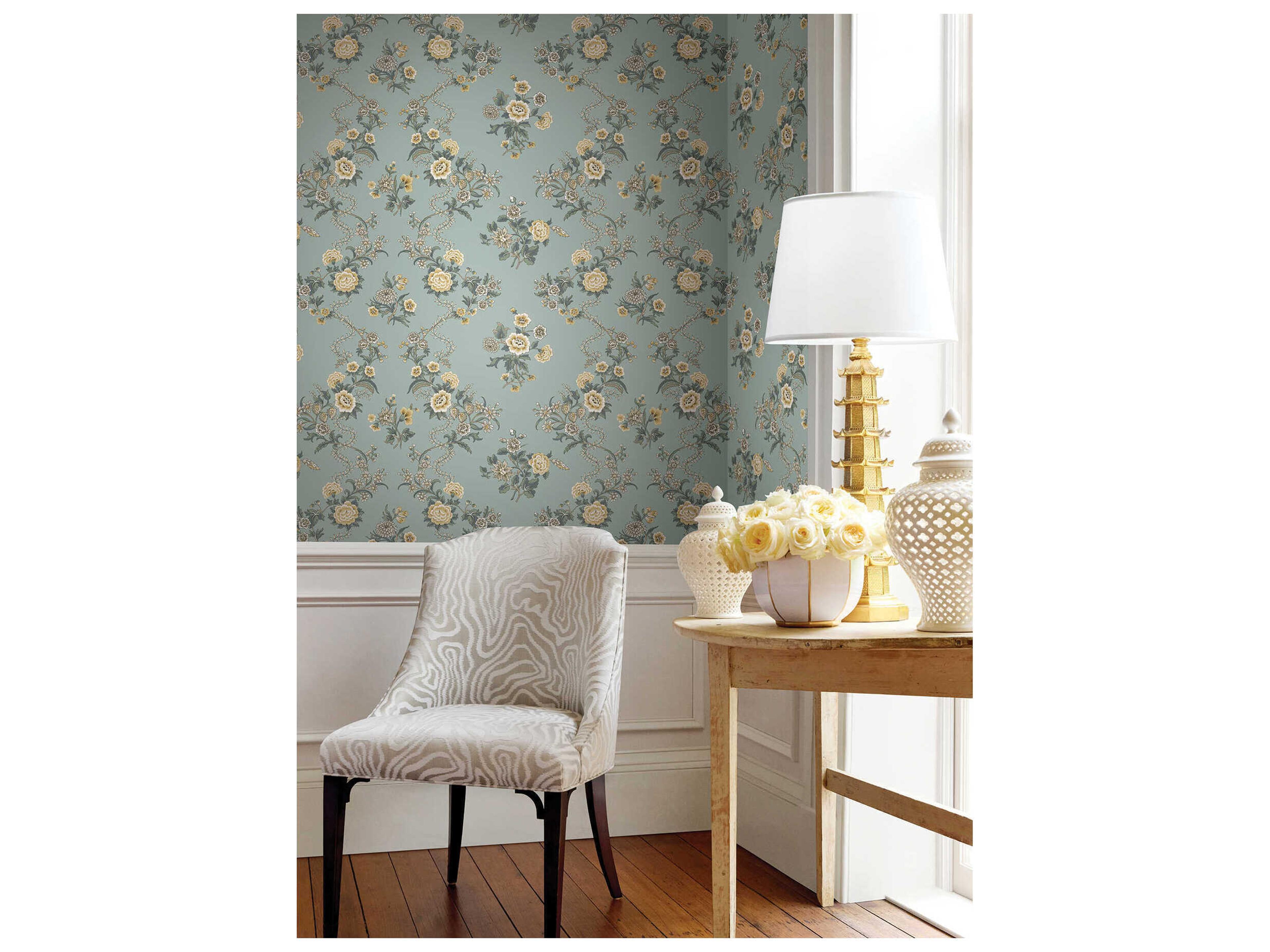 York Wallcoverings Antonina Vella Harbor Blue Floral Trail Wallpaper