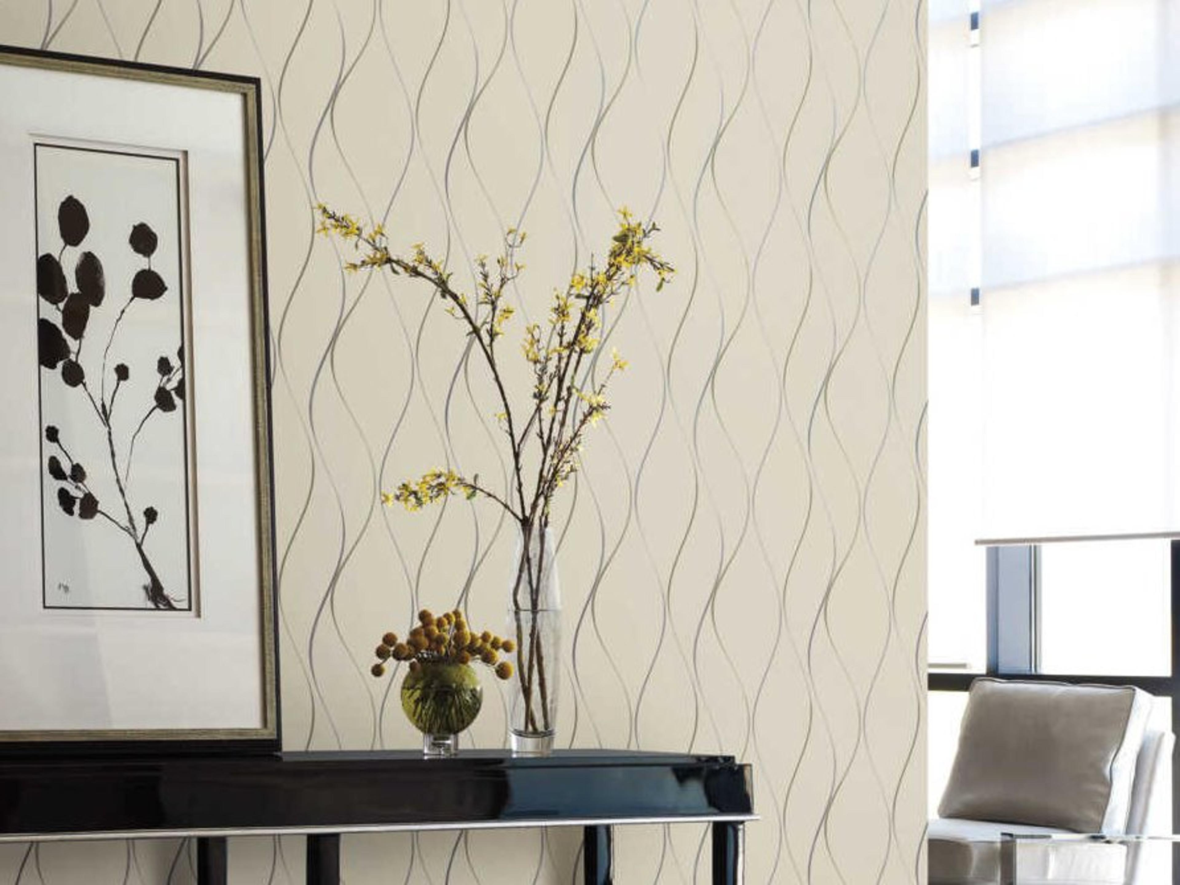 York Wallcoverings Antonina Vella Dazzling Dimensions Volume II Beige Metallic Wavy Stripe Wallpaper