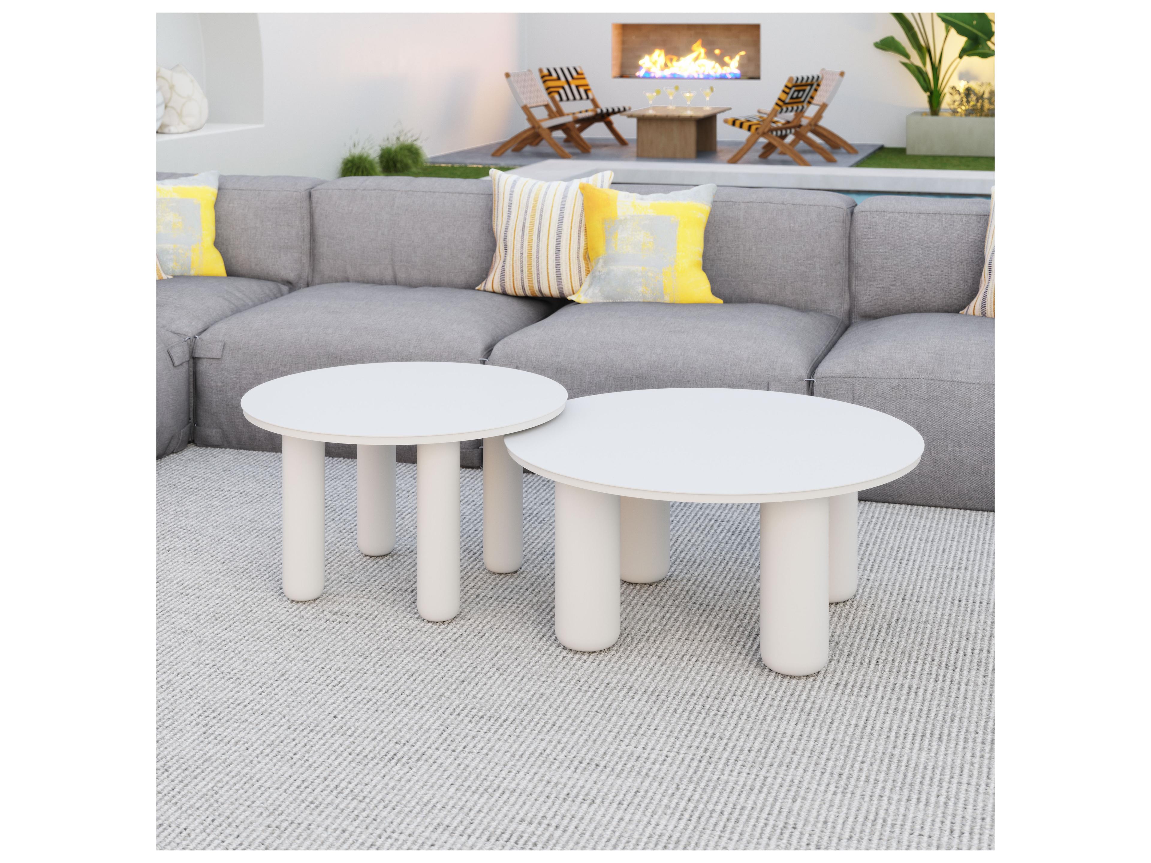 Zuo Outdoor Ola White Aluminum Round Coffee Table, Set of 2
