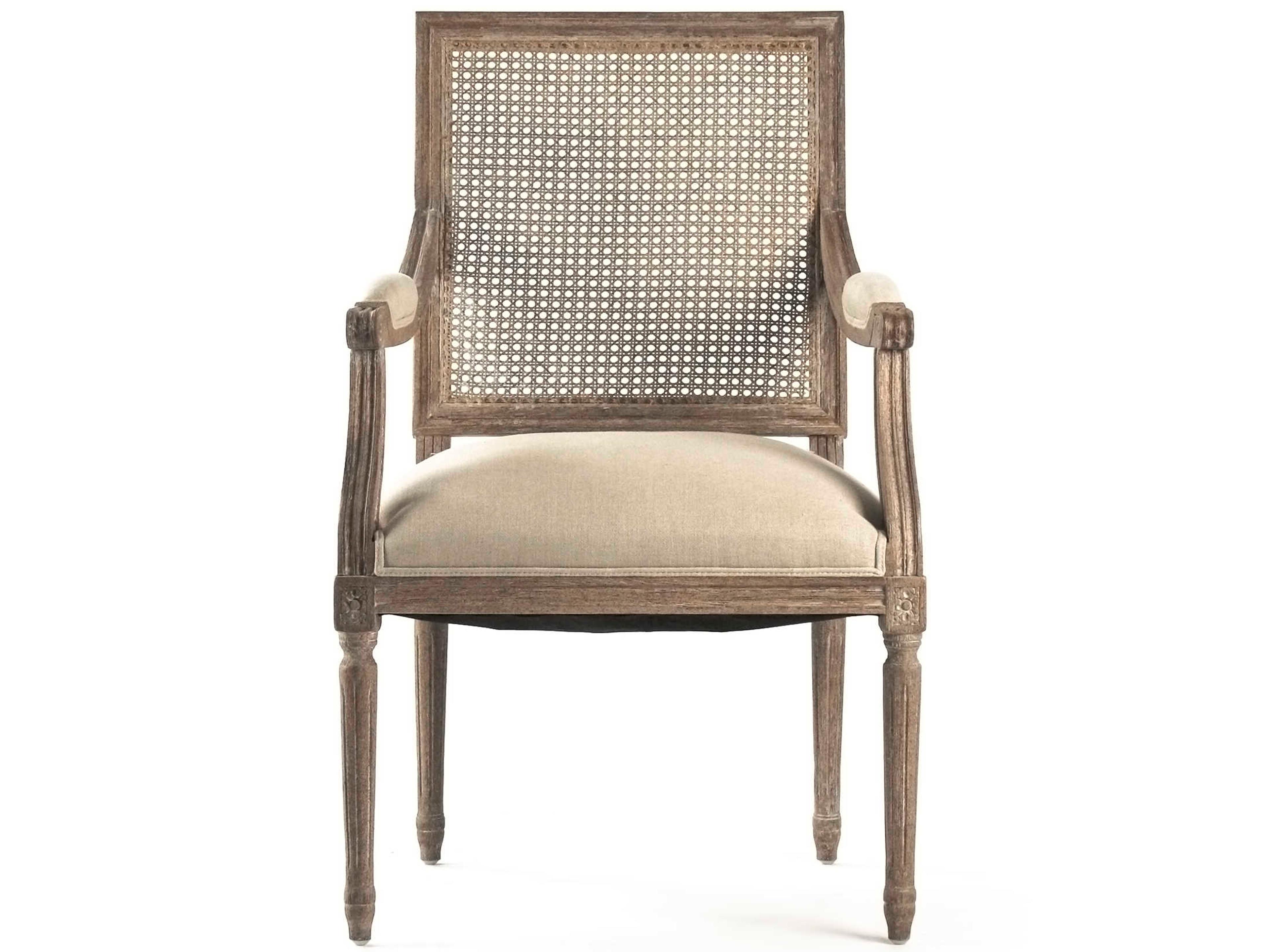 Zentique Louis Oak Wood Beige Upholstered Arm Dining Chair