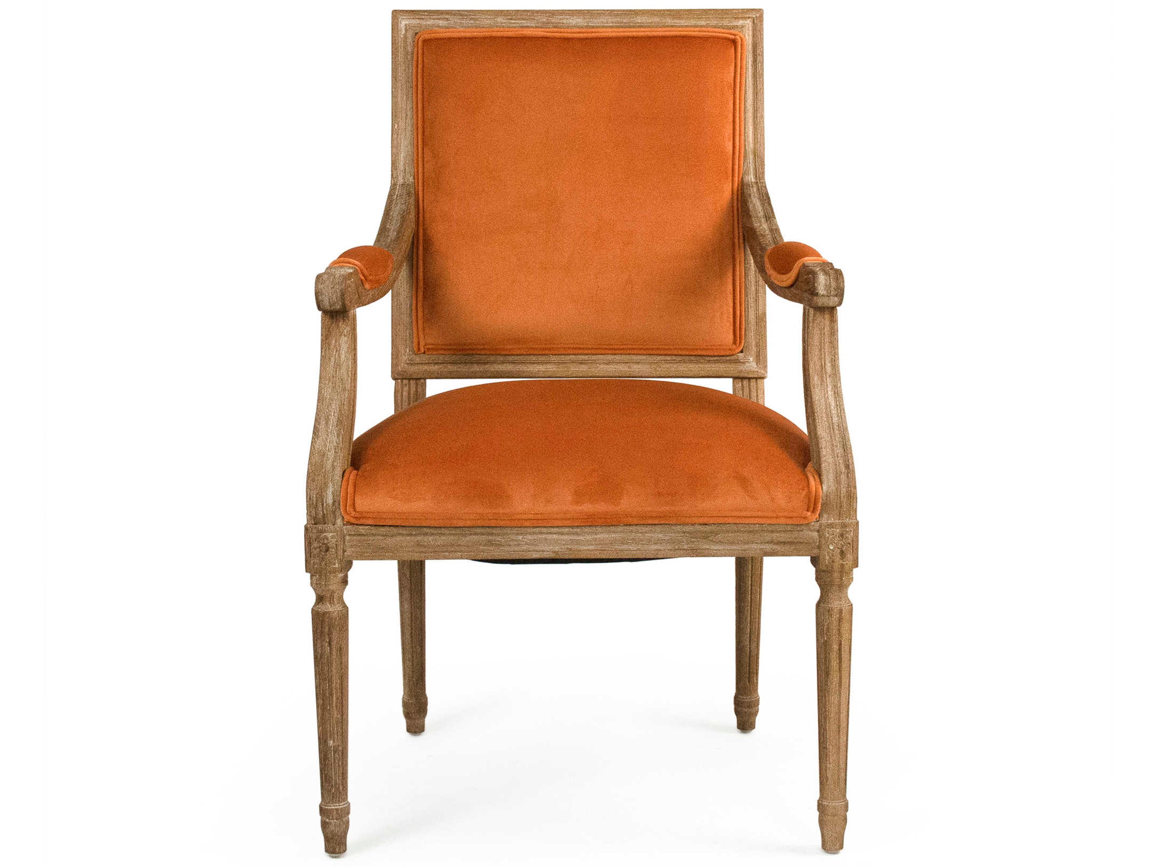 Zentique Louis Oak Wood Orange Upholstered Arm Dining Chair